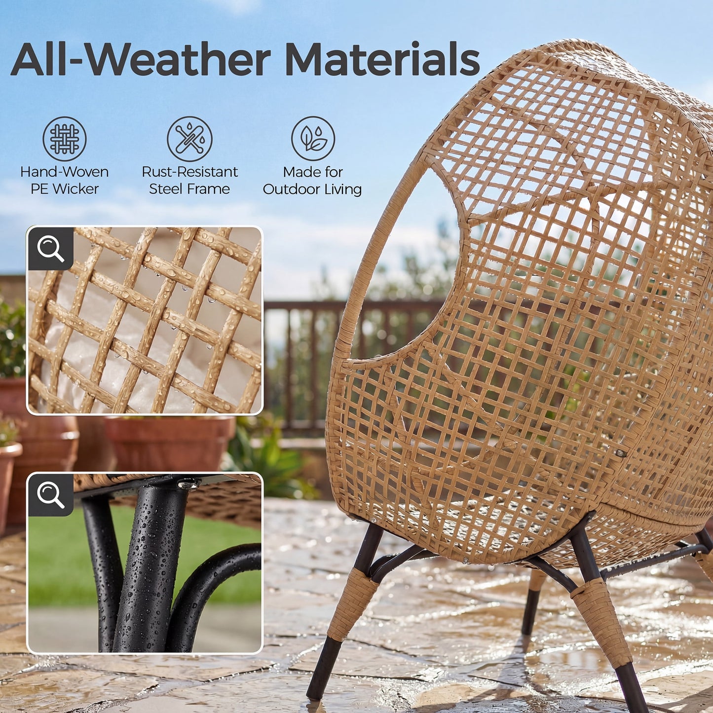 RADIATA Two Person Egg Chair with Ottomans Outdoor Wicker Patio Egg Chairs with Footrests for Indoor Bedroom Outside Porch Deck Backyard Garden (Beige,Oversized,Double)