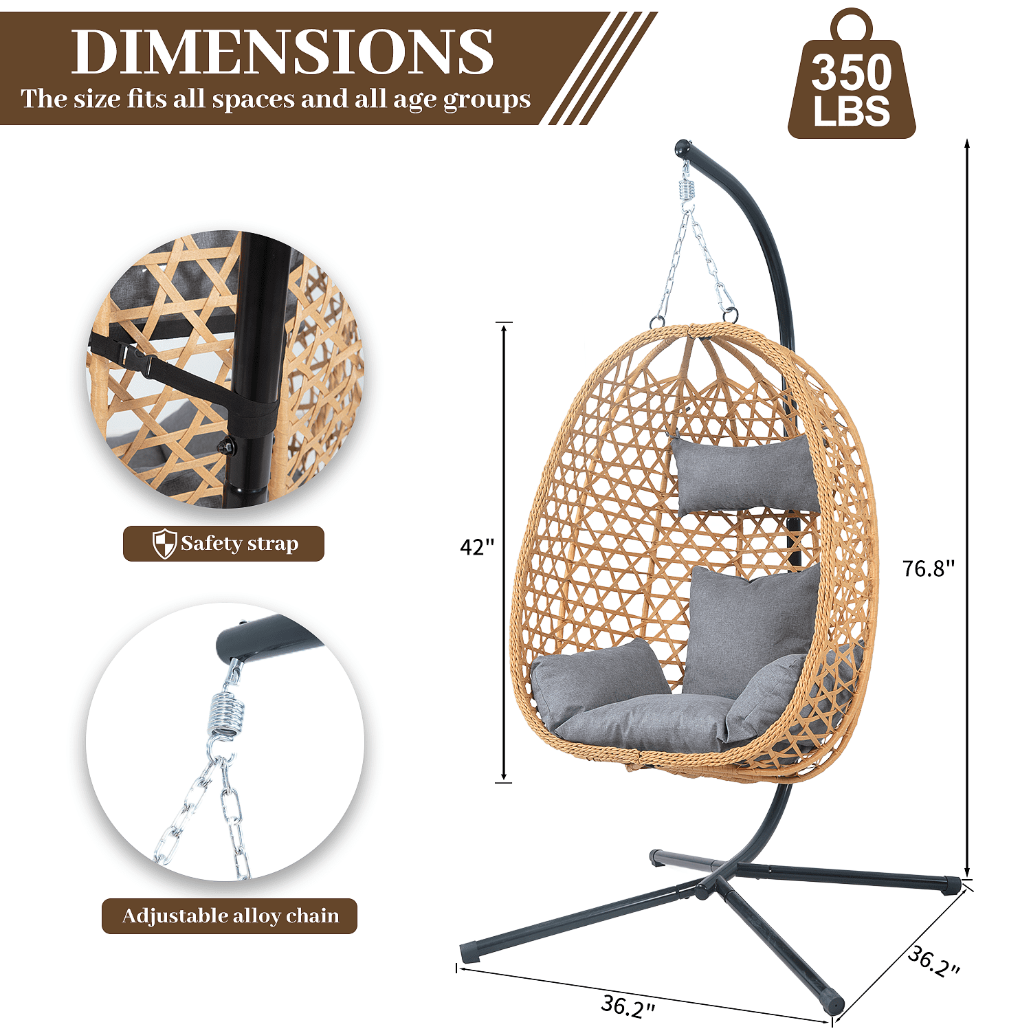 All-Weather Rattan Hanging Egg Chair with Stand & Cushions - Indoor/Outdoor Swing Chair for Patio Balcony Garden - Grey