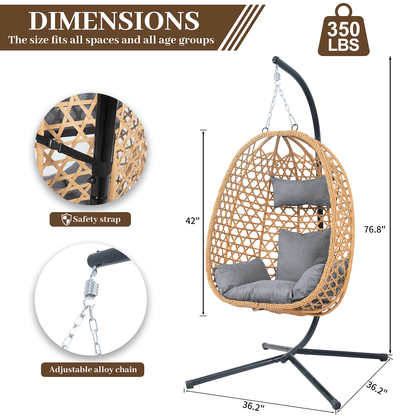 All-Weather Rattan Hanging Egg Chair with Stand & Cushions - Indoor/Outdoor Swing Chair for Patio Balcony Garden - Grey