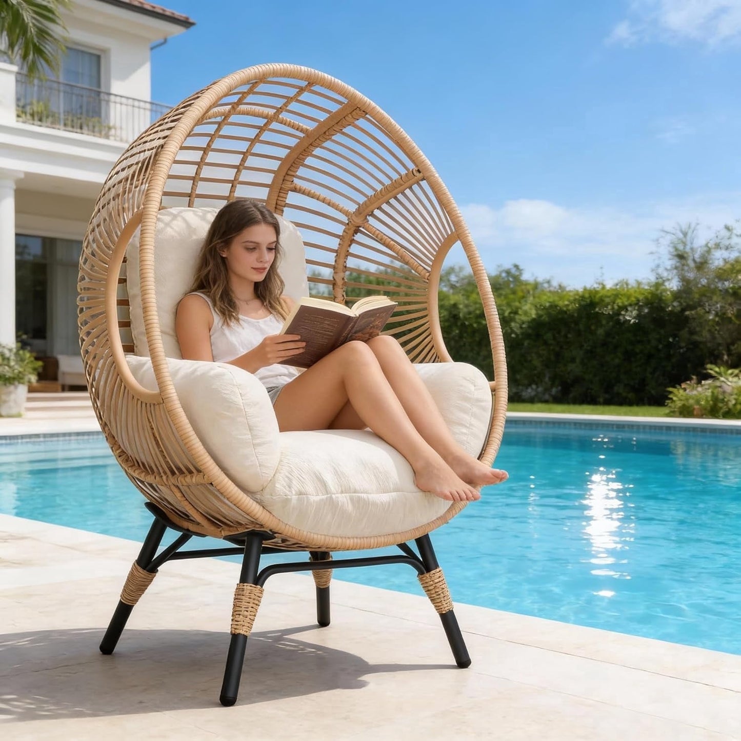 TQKVIPI Oversized Egg Chair Outdoor Indoor,Patio Lounge Chair with Thicken Cushions & Durable Steel Frame, Egg Basket Chair 500lbs Capacity for Garden, Backyard, Porch,Bedroom (Beige-Regular)