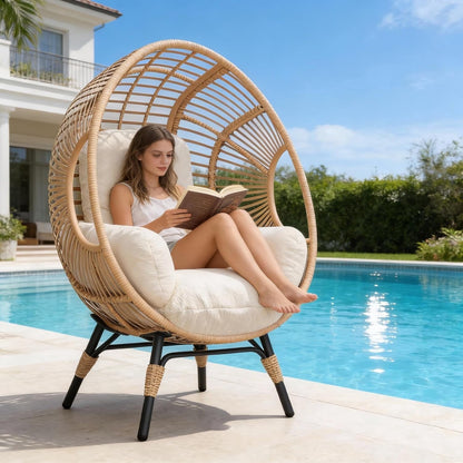 TQKVIPI Oversized Egg Chair Outdoor Indoor,Patio Lounge Chair with Thicken Cushions & Durable Steel Frame, Egg Basket Chair 500lbs Capacity for Garden, Backyard, Porch,Bedroom (Beige-Regular)