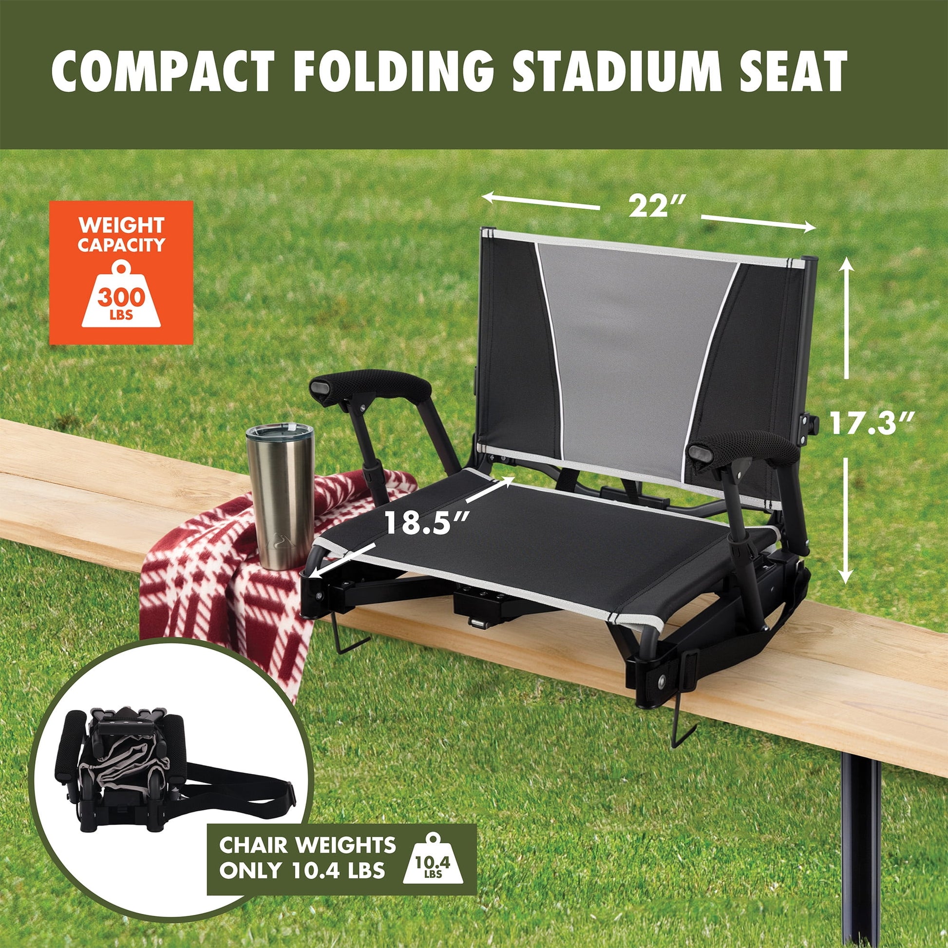 Ozark Trail Collapsible Stadium Seat with Built-In Armrests, Black
