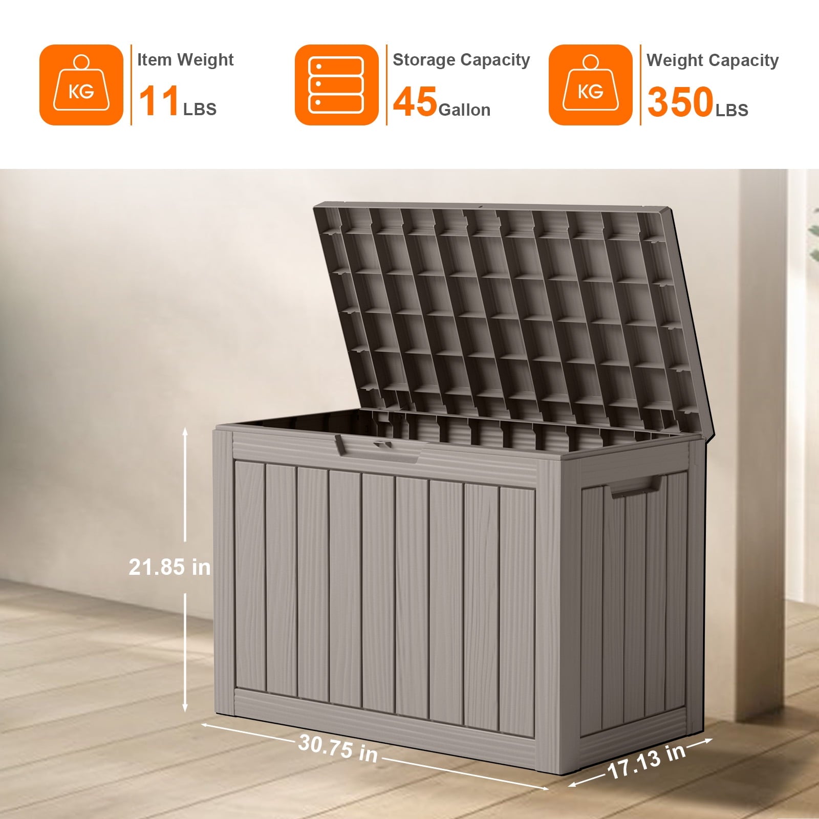 45 Gallon Resin Deck Box, Lockable Patio Outdoor Storage Box for Furniture, Garden Tools and Tools Storage, Waterproof Outside Storage Boxes (Grey)