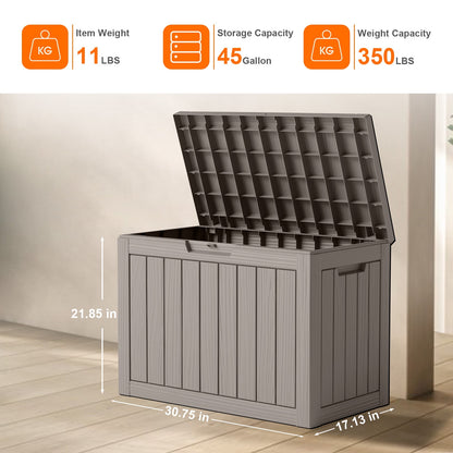 45 Gallon Resin Deck Box, Lockable Patio Outdoor Storage Box for Furniture, Garden Tools and Tools Storage, Waterproof Outside Storage Boxes (Grey)