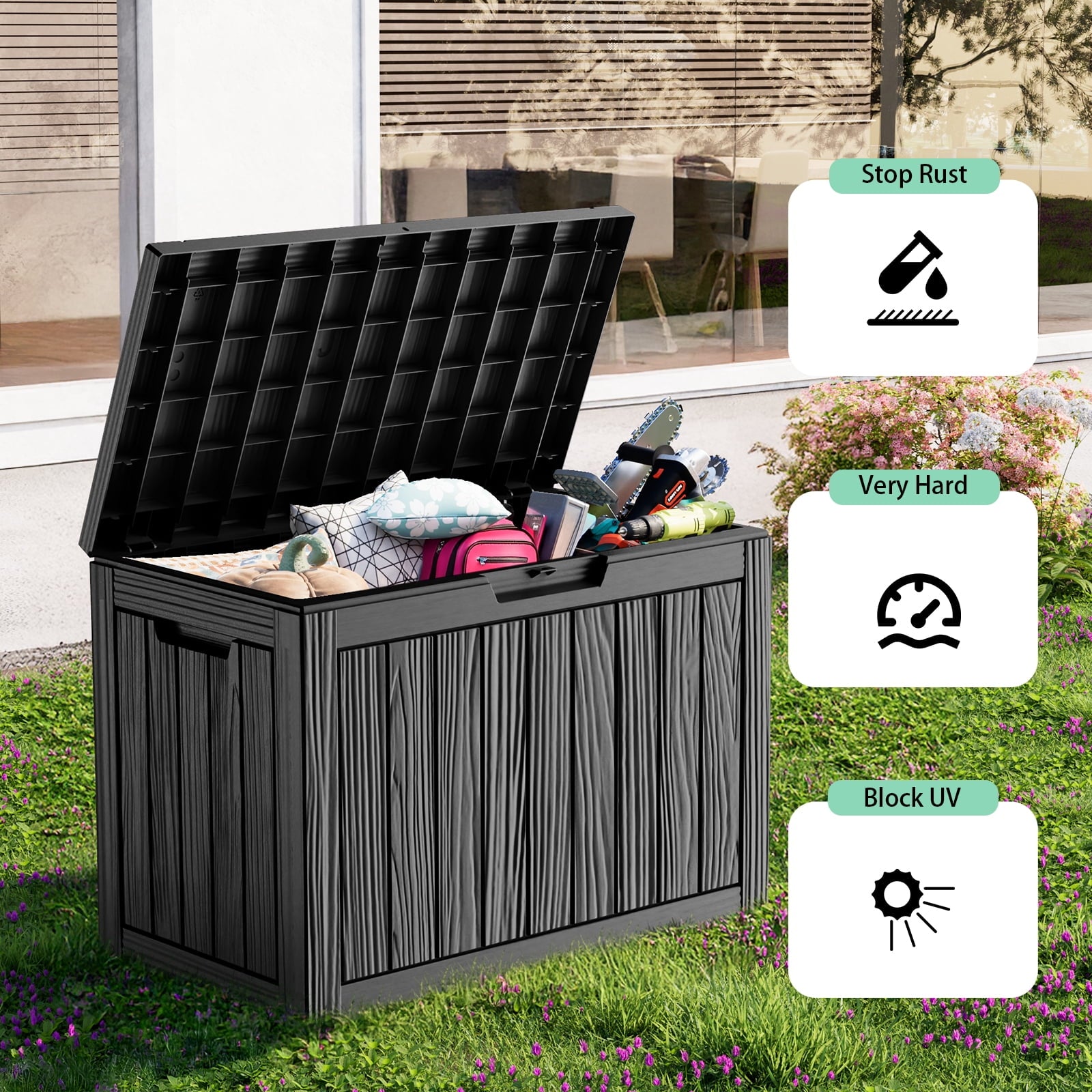 EasyUp 45 Gallon Resin Deck Box, Lockable Patio Outdoor Storage Box for Furniture, Garden Tools and Tools Storage, Waterproof Outside Storage Boxes(Black)