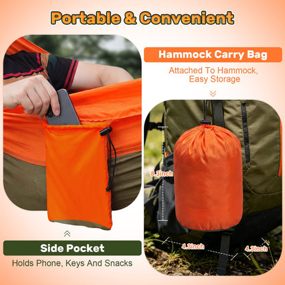 NOCOEX Camping Hammock 440lbs with Two 10ft Tree Straps, 2 D-Carabiners & Side Pocket, Parachute Nylon Portable Lightweight Hammock for Travel, Hiking, Backpacking, Beach (Orange)