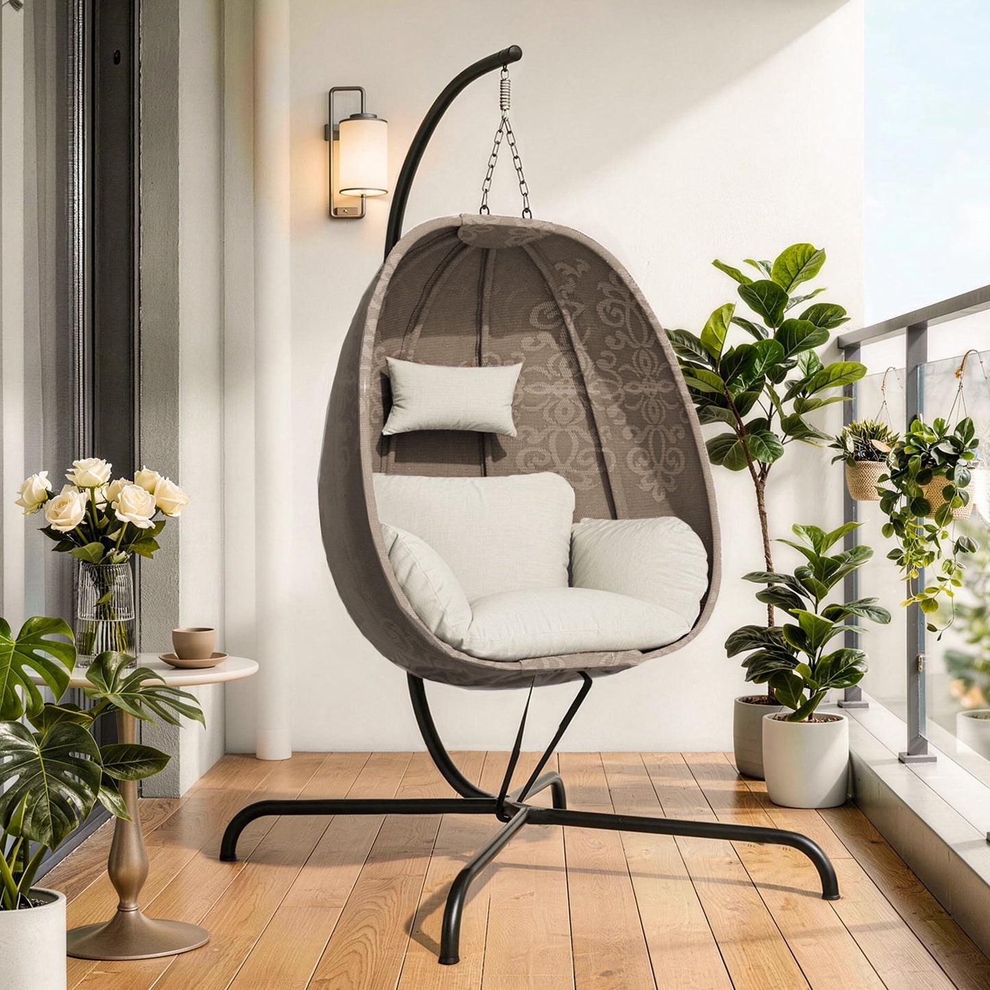 ALAULM Foldable Egg Chair with Stand, 485LBS Capacity Textilene Hammock Swing Chair for Outdoor & Indoor, Patio Hanging Chair with Strong Frame & UV Resistant Cushion for Balcony, Bedroom, Cream/D2