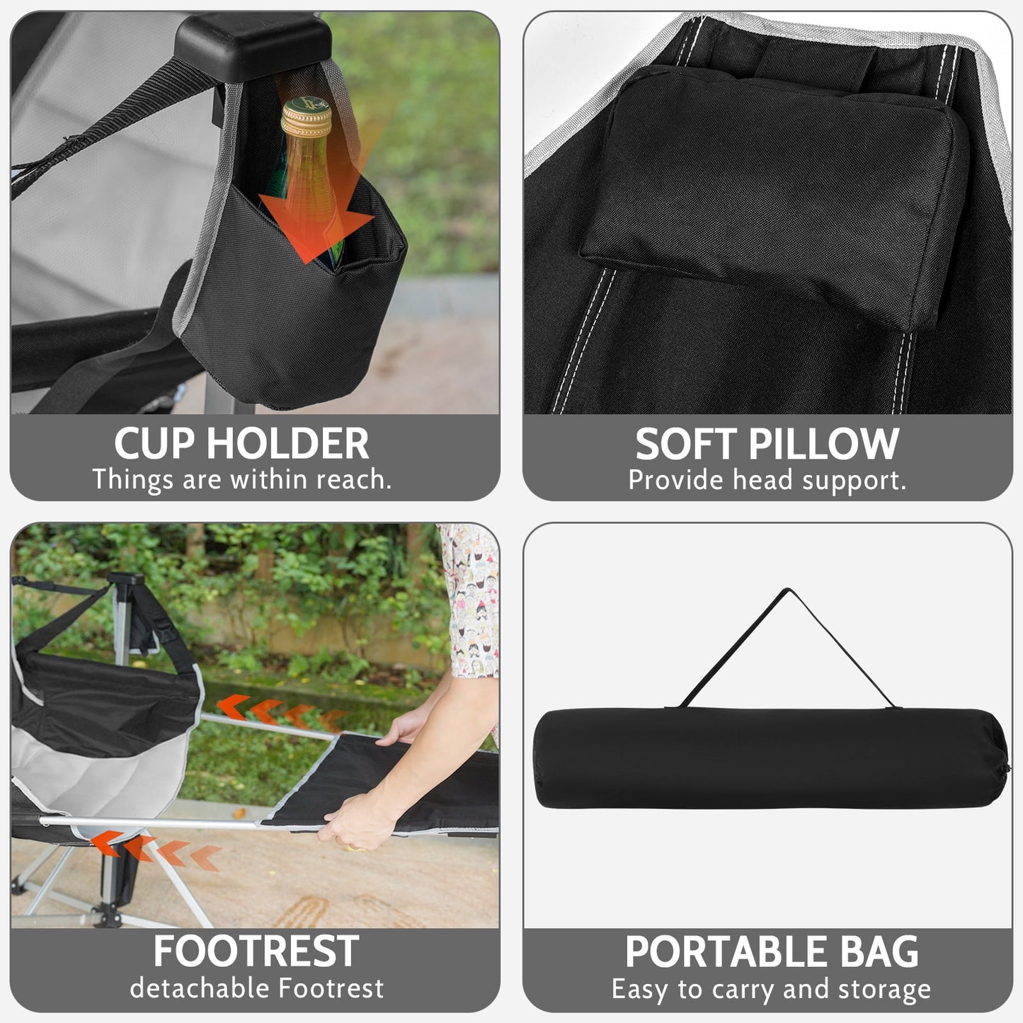 SUNSPIRE Oversized Hammock Chair with Footrest 2-Pack Portable Folding Rocking Camp Chair with Cup Holder for Outdoor Beach Sports Fishing Black