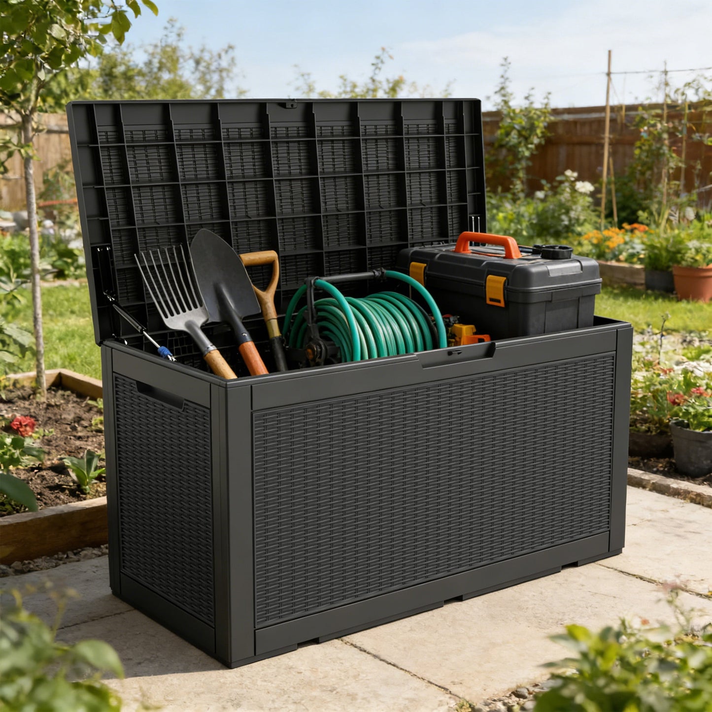 Decksplore 100 Gallon Lockable Resin Deck Box, Waterproof & Outdoor Storage Box for Outdoor Cushion Storage and Outdoor Delivery Storage, Black