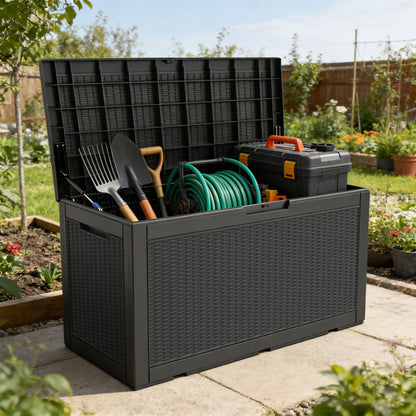 Decksplore 100 Gallon Lockable Resin Deck Box, Waterproof & Outdoor Storage Box for Outdoor Cushion Storage and Outdoor Delivery Storage, Black