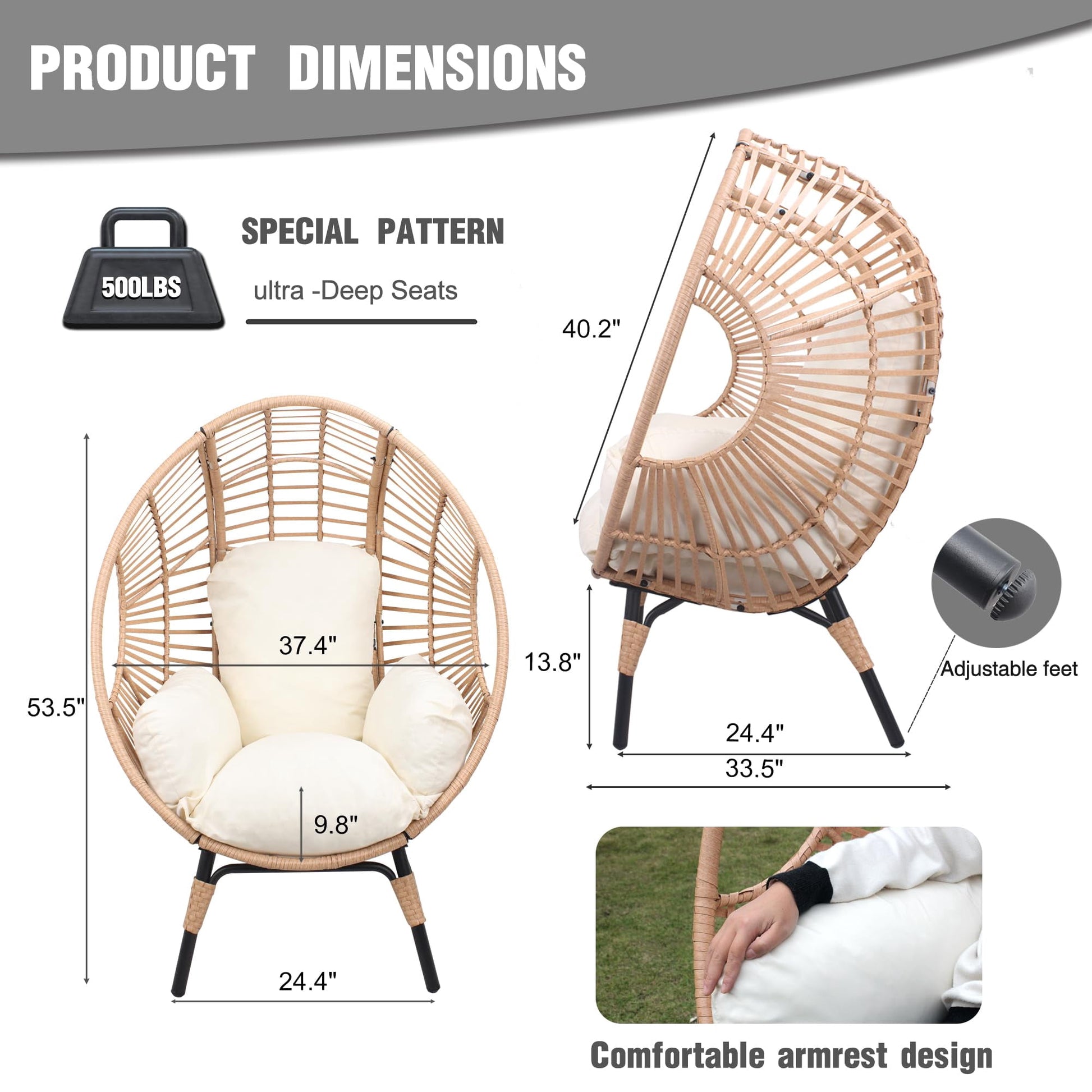 TQKVIPI Oversized Egg Chair Outdoor Indoor,Patio Lounge Chair with Thicken Cushions & Durable Steel Frame, Egg Basket Chair 500lbs Capacity for Garden, Backyard, Porch,Bedroom (Beige-Regular)