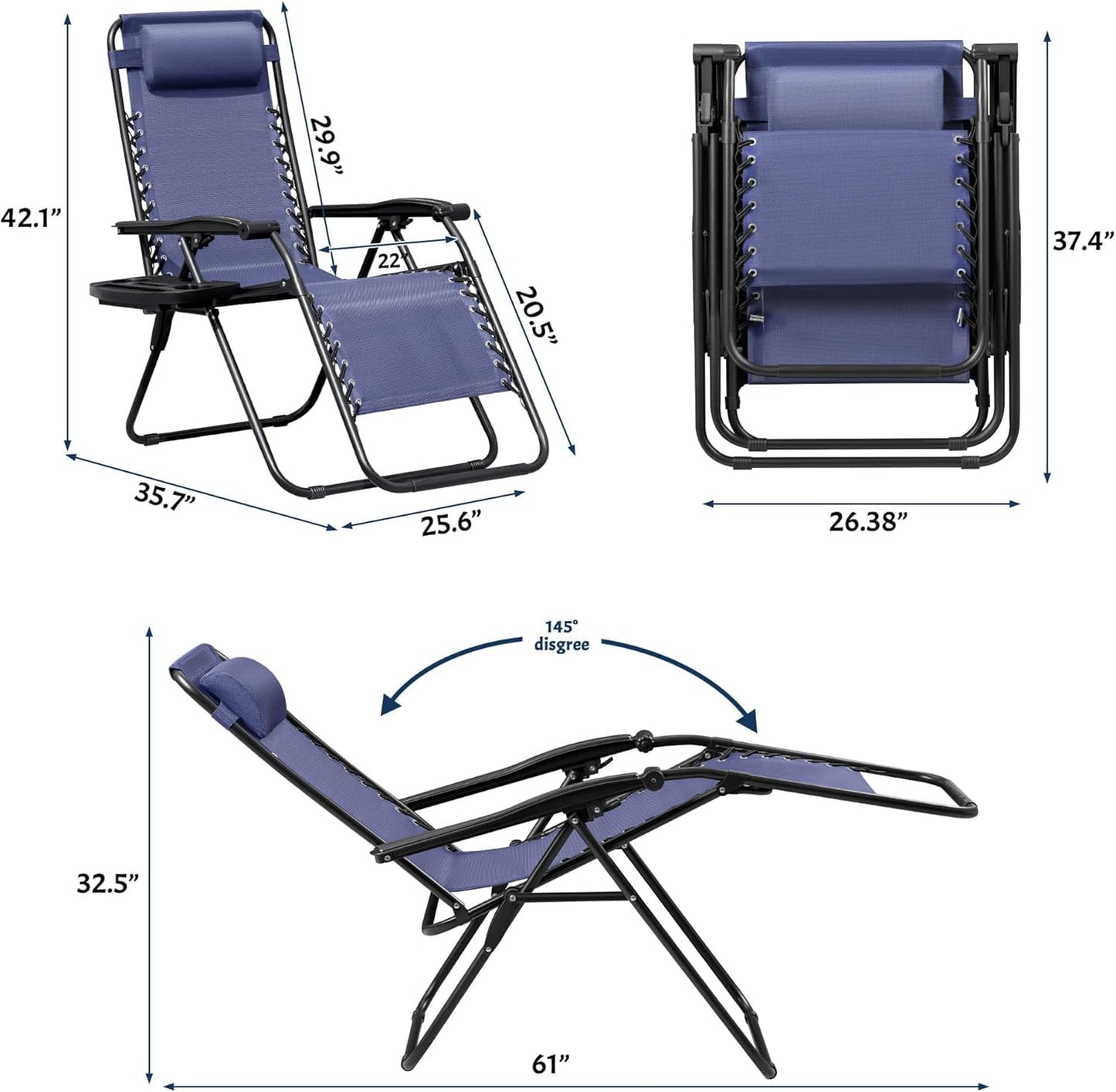 Simenmax Zero Gravity Chair Set of 2, Reclining Folding Outdoor Chairs with Adjustable Headrest & Cup Holder, Anti - Gravity Loungers for Backyard, Patio, Lawn, Poolside, Blue