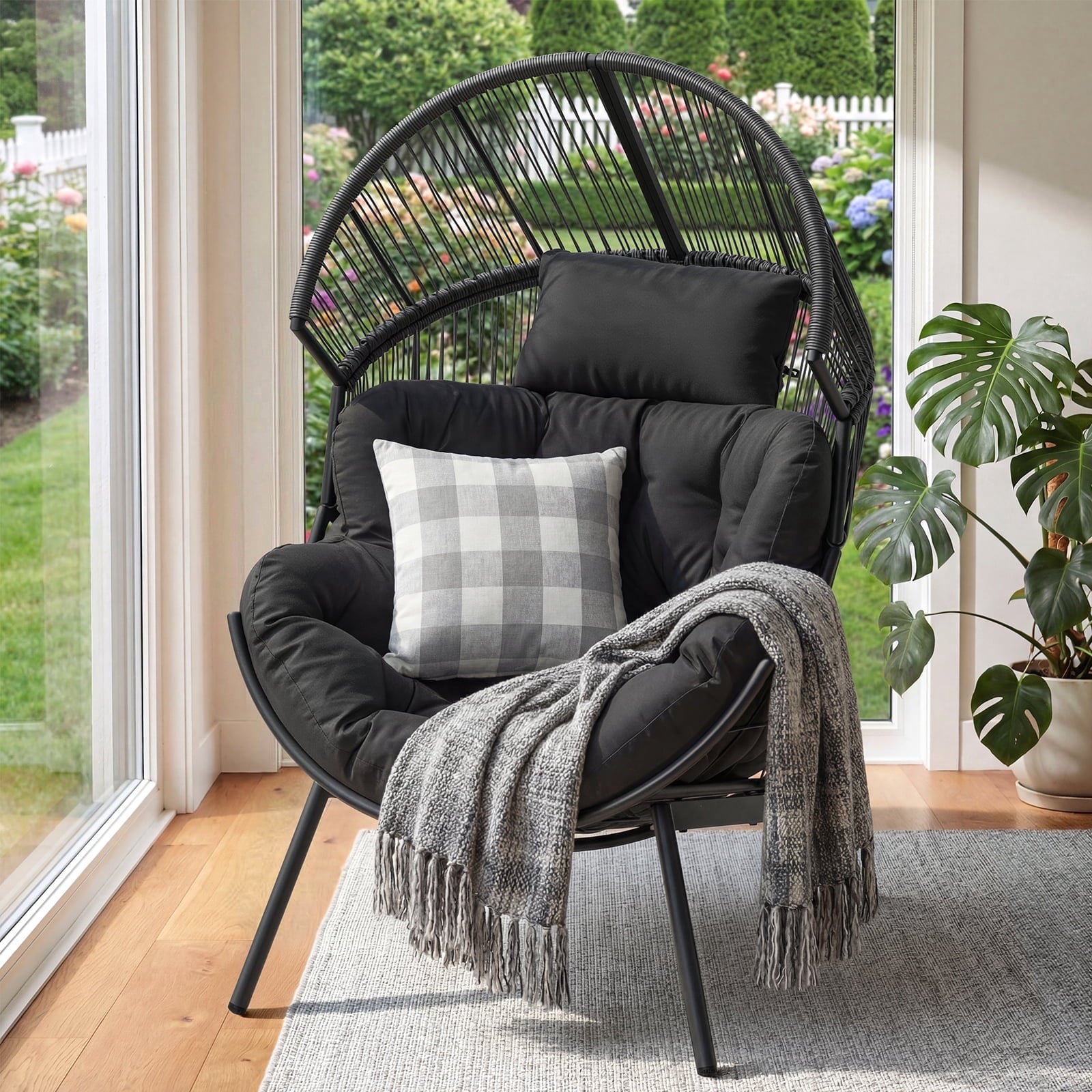 Dovov Oversized Egg Chair with Thick Cushion, Wicker Lounge Chair Rattan Patio Chair Indoor Outdoor Patio Lounger Basket Chair w/ Steel Frame, 500lbs Capacity, Gray