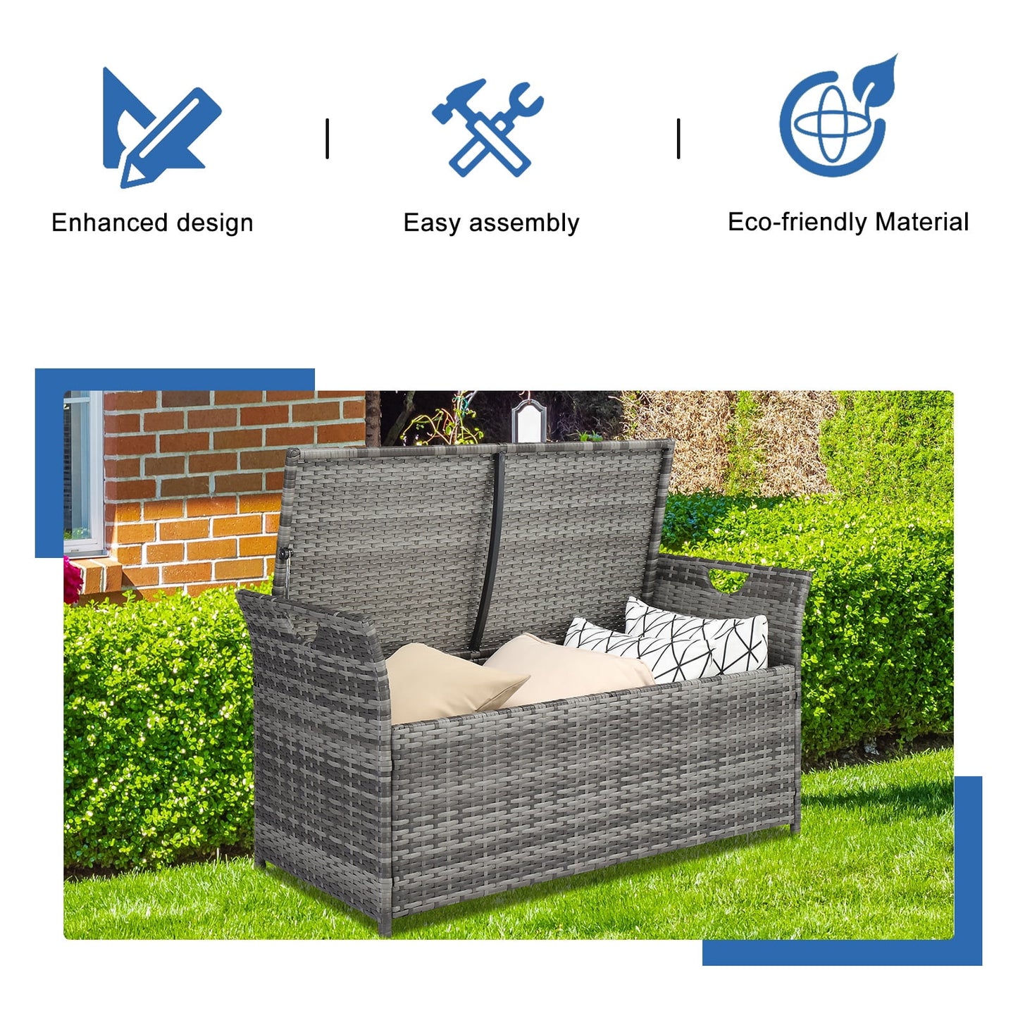 Patio Deck Box, Wicker Outdoor Storage Bench w/Cushion, PE Rattan Patio Storage Furniture with Iron Frame, Cushioned Storage Footstool for Indoor