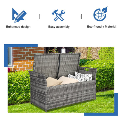 Patio Deck Box, Wicker Outdoor Storage Bench w/Cushion, PE Rattan Patio Storage Furniture with Iron Frame, Cushioned Storage Footstool for Indoor
