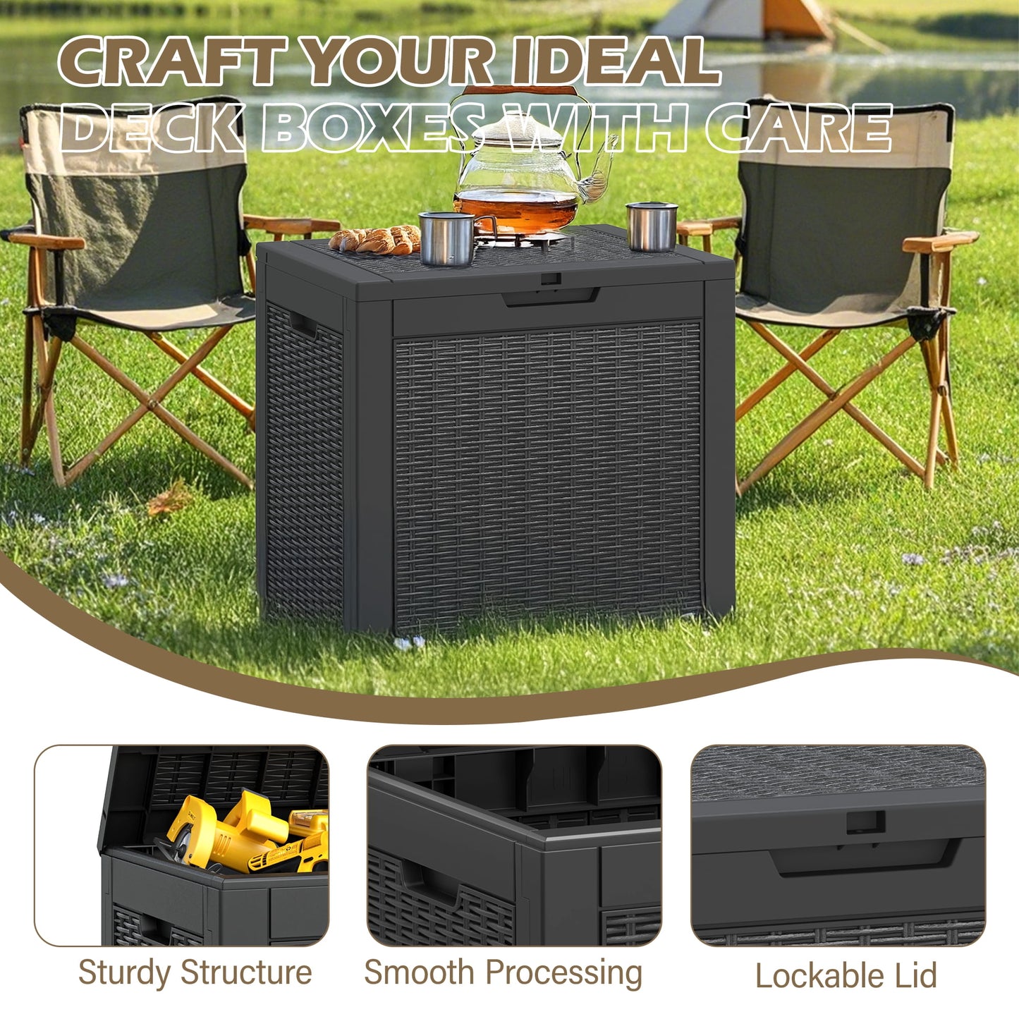 Nihsuao 31-Gallon Outdoor Deck Box, Resin Woven-Pattern Storage Box with Seat, Waterproof and UV Resistant for Garden Tools, Supplies, Toys, Black