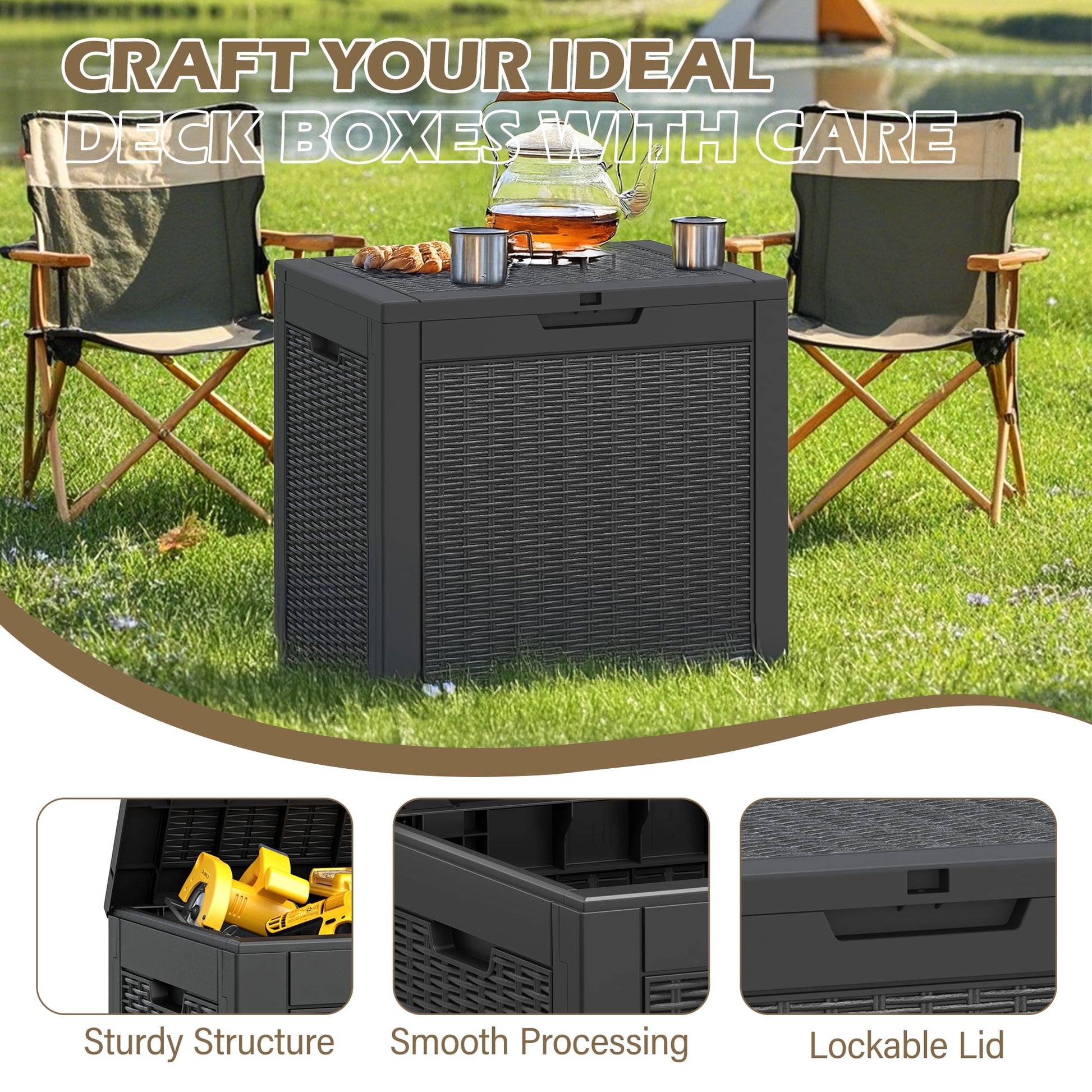 Nihsuao 31-Gallon Outdoor Deck Box, Resin Woven-Pattern Storage Box with Seat, Waterproof and UV Resistant for Garden Tools, Supplies, Toys, Black
