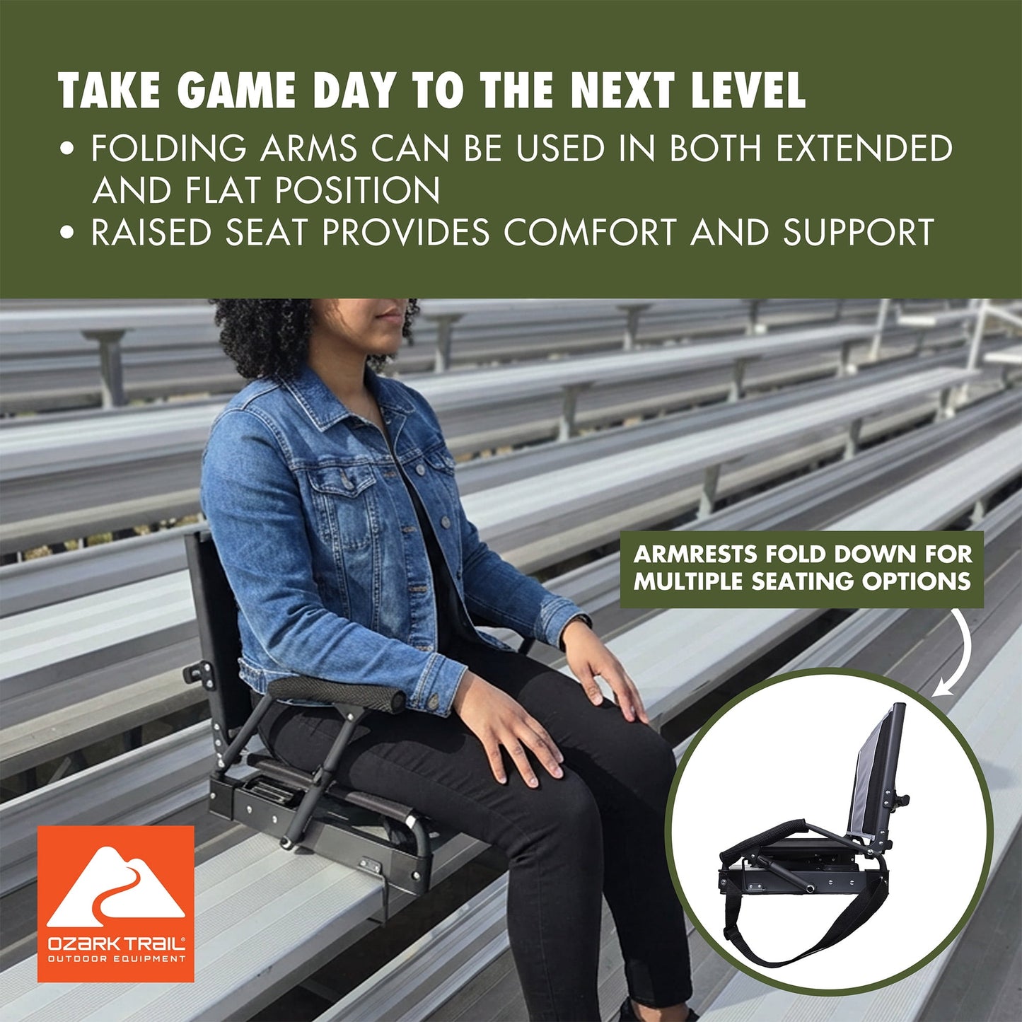 Ozark Trail Collapsible Stadium Seat with Built-In Armrests, Black