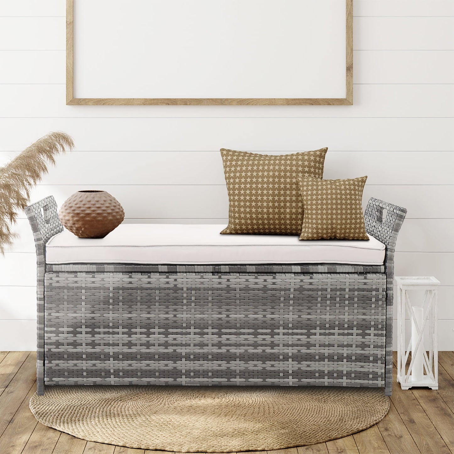 Patio Deck Box, Wicker Outdoor Storage Bench w/Cushion, PE Rattan Patio Storage Furniture with Iron Frame, Cushioned Storage Footstool for Indoor
