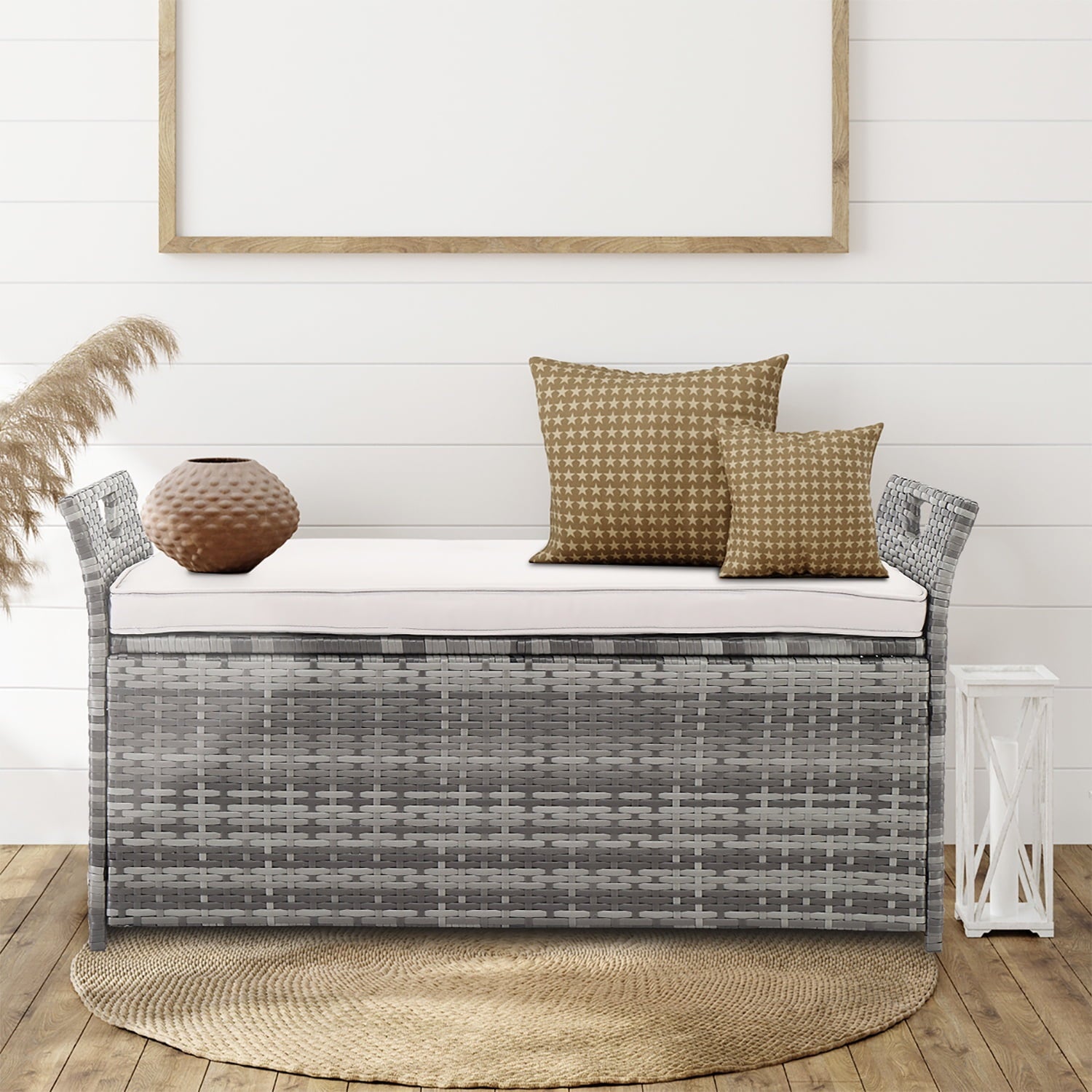 Patio Deck Box, Wicker Outdoor Storage Bench w/Cushion, PE Rattan Patio Storage Furniture with Iron Frame, Cushioned Storage Footstool for Indoor