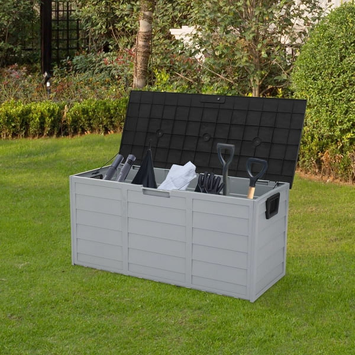 75 Gallon Deck Box Deck for Outside, Patio Large Storage Cabinet, Waterproof Storage Chest on Wheels for Christmas Gift, Garden Tools, Kids' Toys,Brown,260L