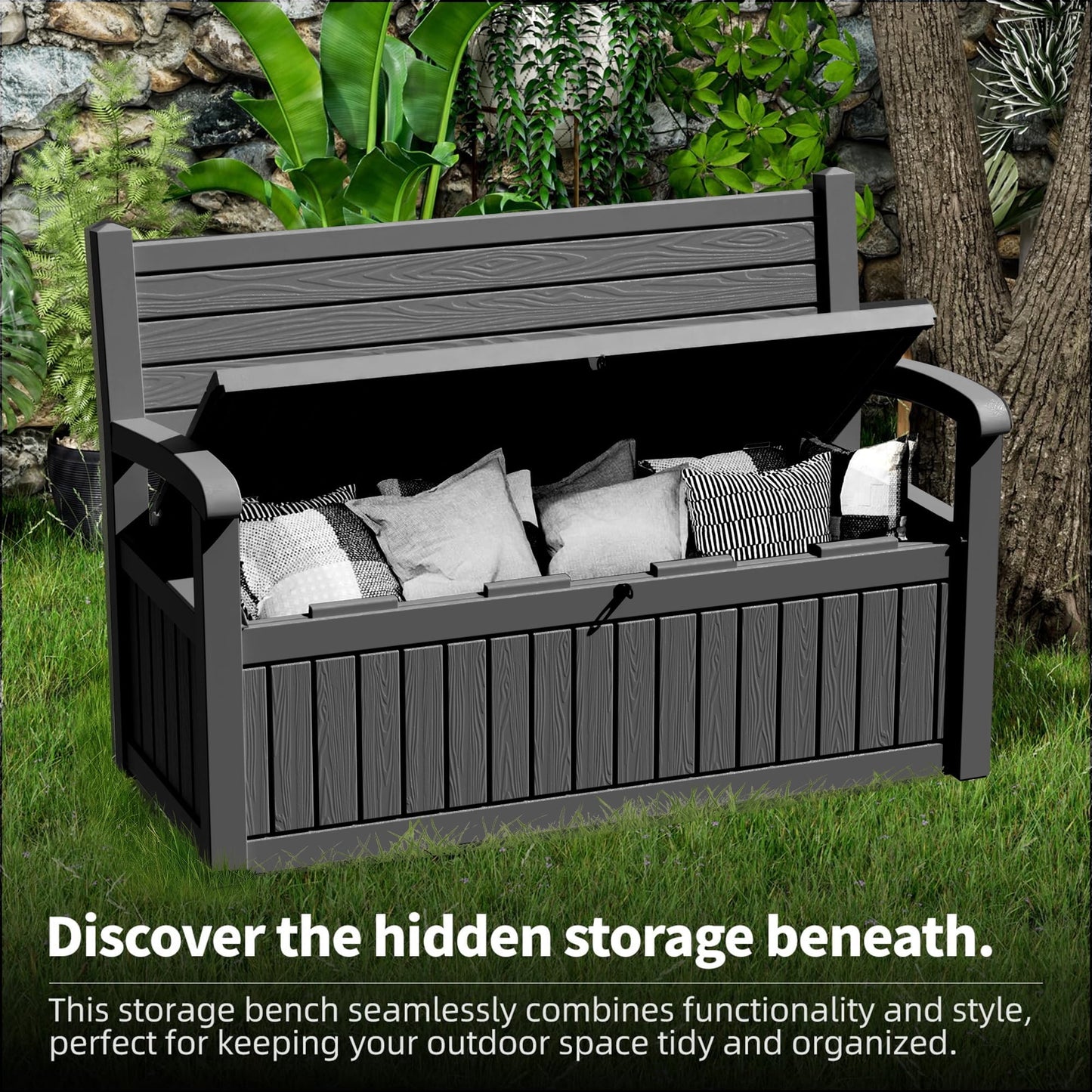 EasyUp 80 Gallon Storage bench Lockable Waterproof Deck Box - Outdoor Storage Box for Patio,Garden and Porch,Tools and Cushions(Black)
