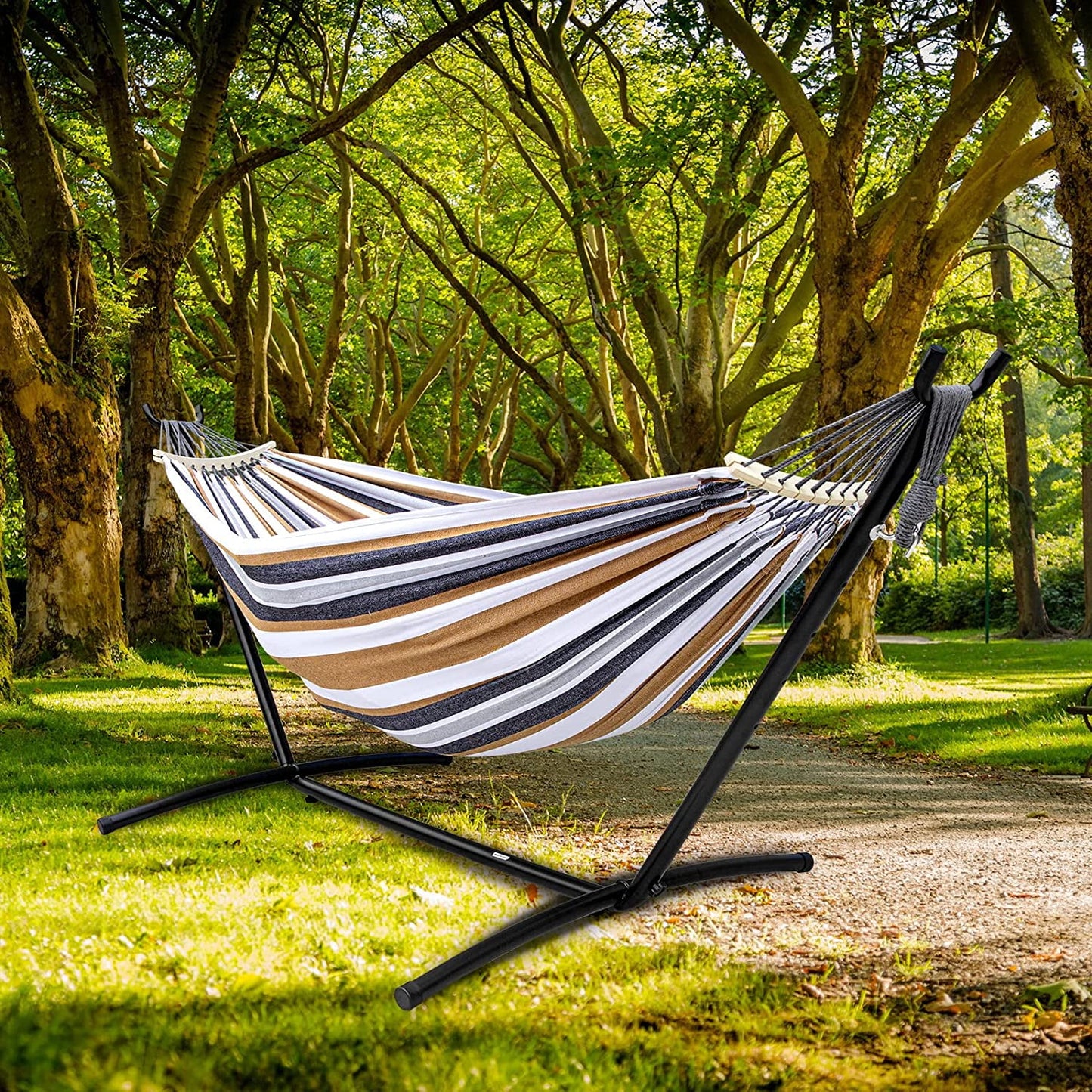 SZHLUX Double Hammock with Stand Included 450lb Capacity Steel Stand, Premium Carry Bag Included and Two Anti Roll Balance Beam, Portable Hammock with Stand for Backyard, Camping,Garden Brown Stripes