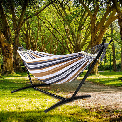 SZHLUX Double Hammock with Stand Included 450lb Capacity Steel Stand, Premium Carry Bag Included and Two Anti Roll Balance Beam, Portable Hammock with Stand for Backyard, Camping,Garden Brown Stripes