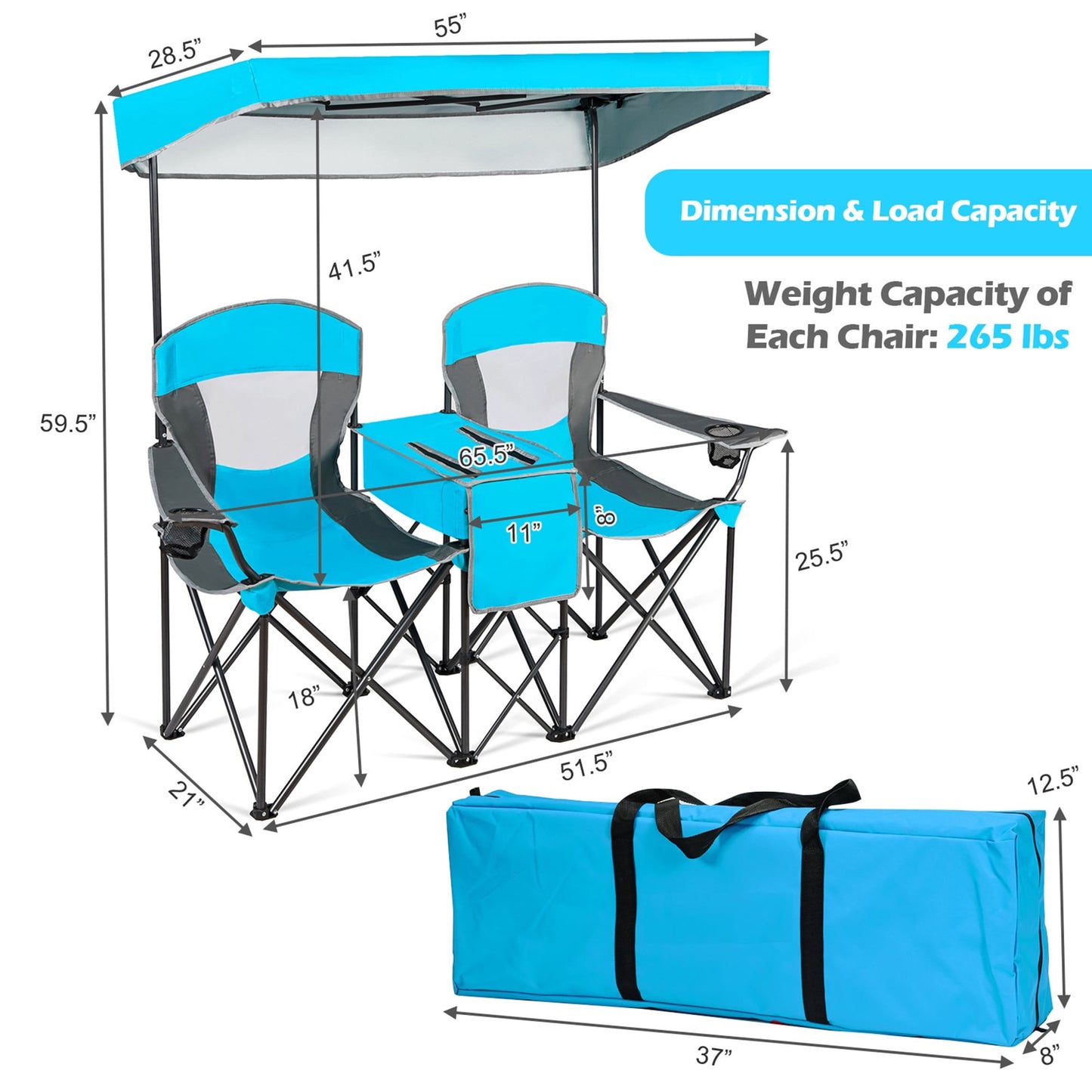 Gymax Folding 2-person Camping Chairs Double Sunshade Chairs w/ Canopy Patented Blue