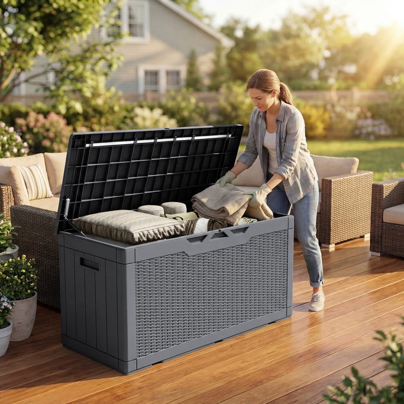 Homall 100 Gallon Outdoor Box Deck Plastic Resin Storage Box, Gray