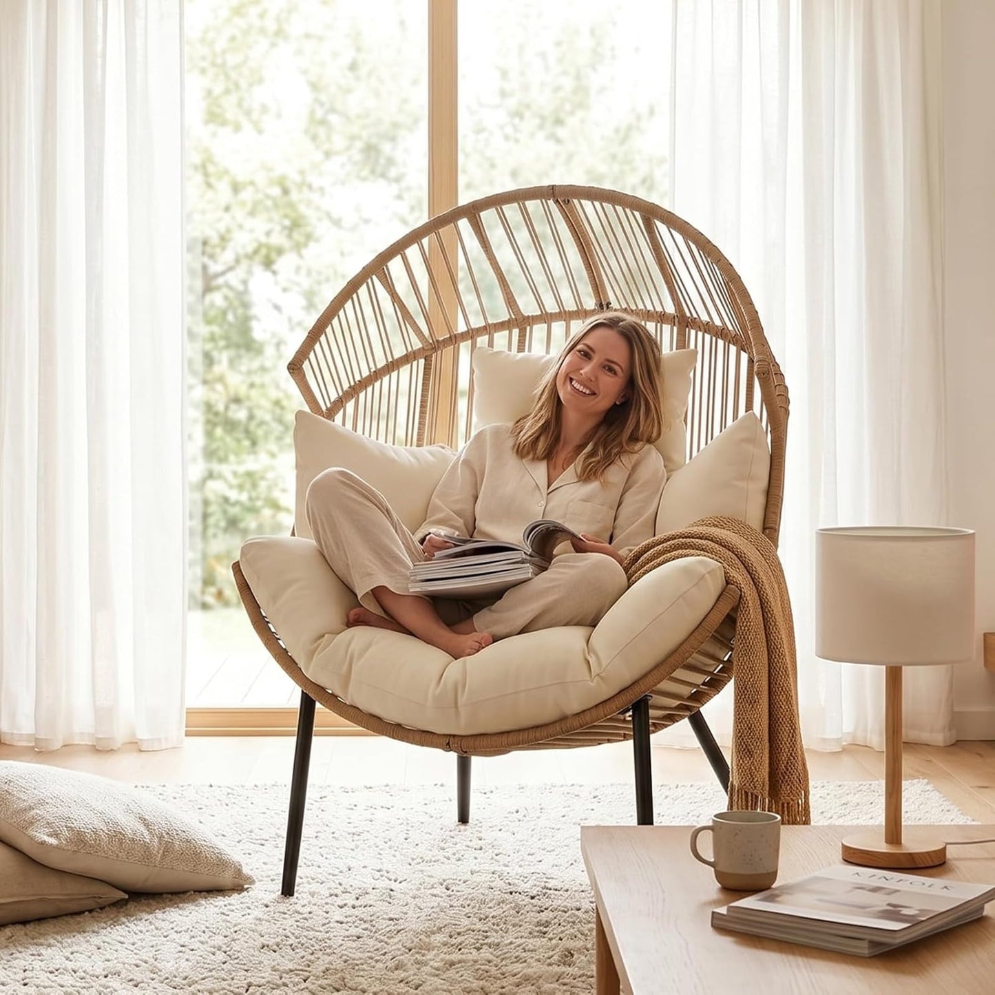 CazToi Indoor Outdoor Wicker Egg Chair, Oversized Lounge Rocker, Rattan Patio Lounge Chair with Pillow & Cushion