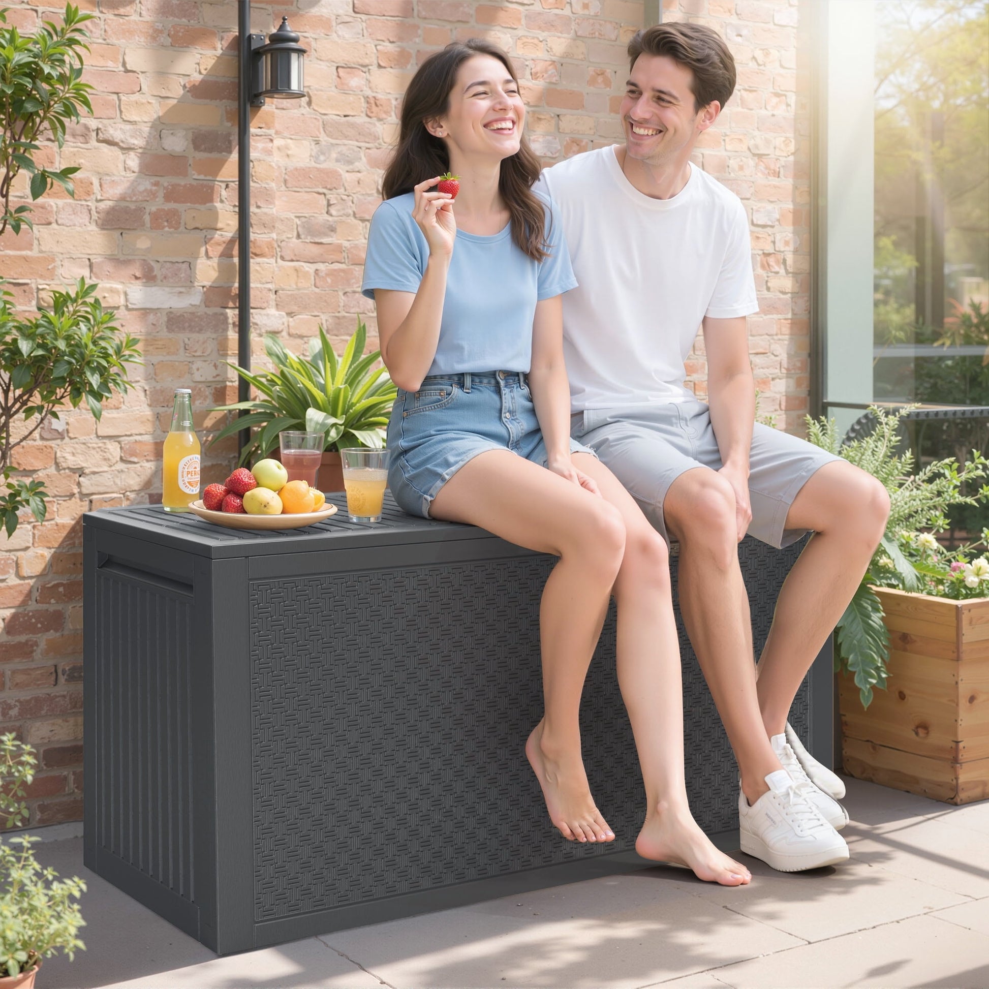 Seizeen 90GAL Outdoor Storage Box on clearance, Resin Deck Box Maze Pattern, Patio Toy Storage Furniture for Garden, MAX 485LBS Weight Storag Bench Table for Porch, Gray