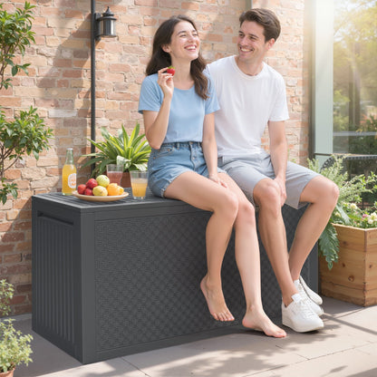 Seizeen 90GAL Outdoor Storage Box on clearance, Resin Deck Box Maze Pattern, Patio Toy Storage Furniture for Garden, MAX 485LBS Weight Storag Bench Table for Porch, Gray