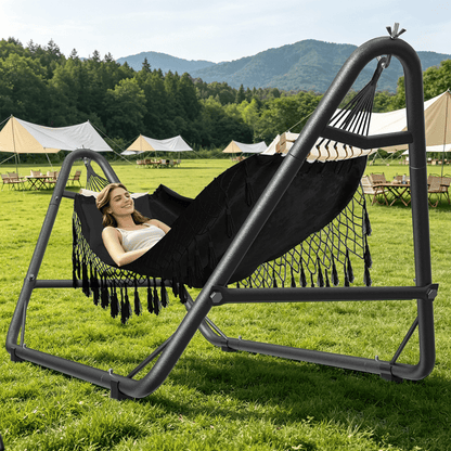 Yacona Hammock with Stand for Outside, Heavy Duty Steel Hammocks with Pillow for Backyard, Porch, Patio, Garden, Black