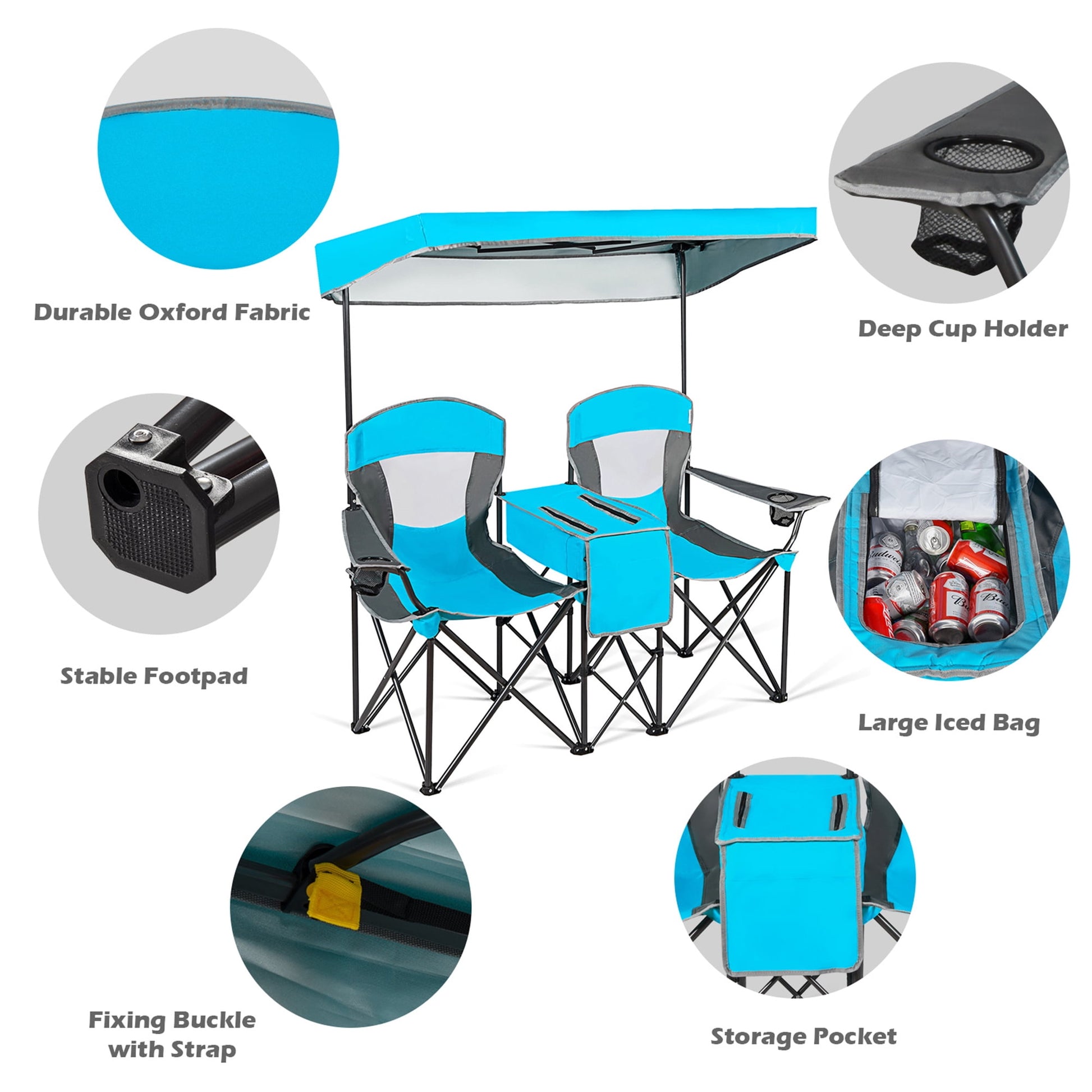Gymax Folding 2-person Camping Chairs Double Sunshade Chairs w/ Canopy Patented Blue