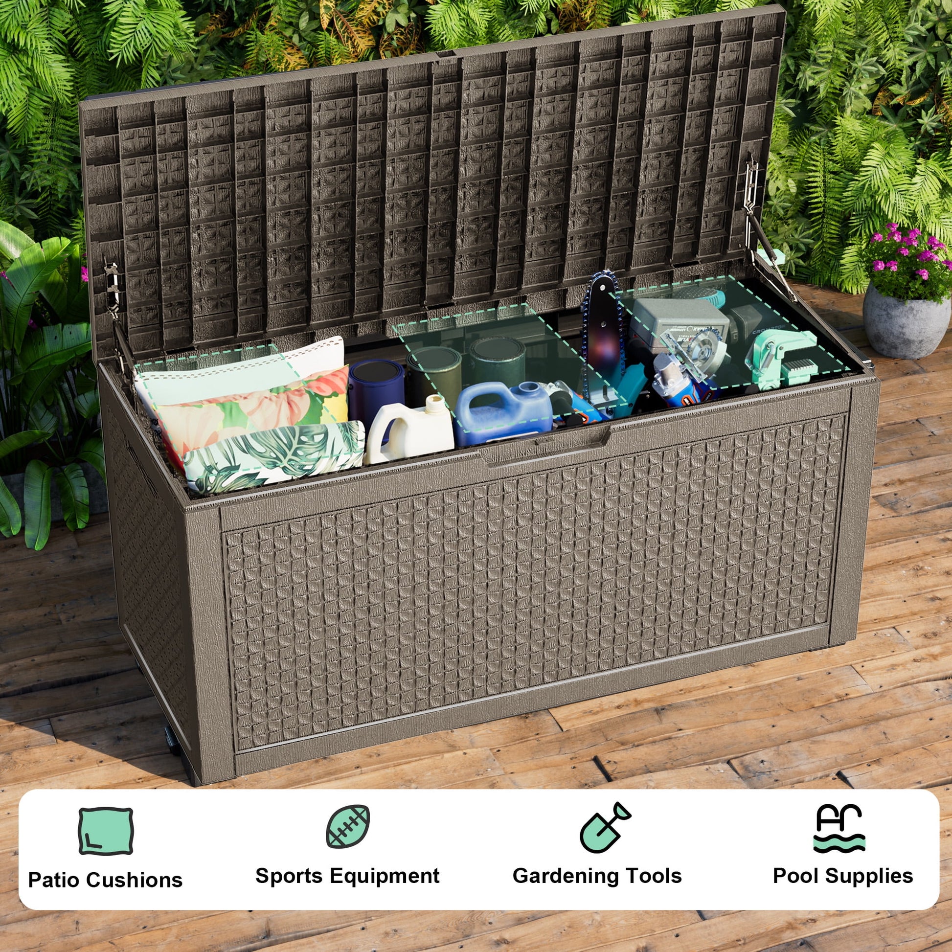 EasyUp 100 Gallon Resin Deck Box, Lockable Patio Outdoor Storage Box for Furniture, Garden Tools and Tools Storage, Waterproof Outside Storage Boxes
