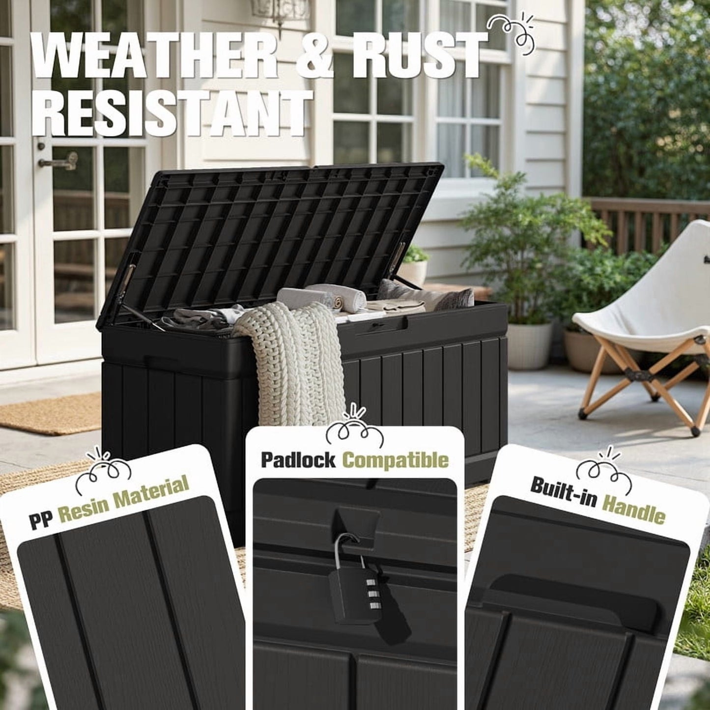 Homall 82 Gallon Outdoor Storage in Resin Deck Box 45.66in Width Lockable Deck Box, Black