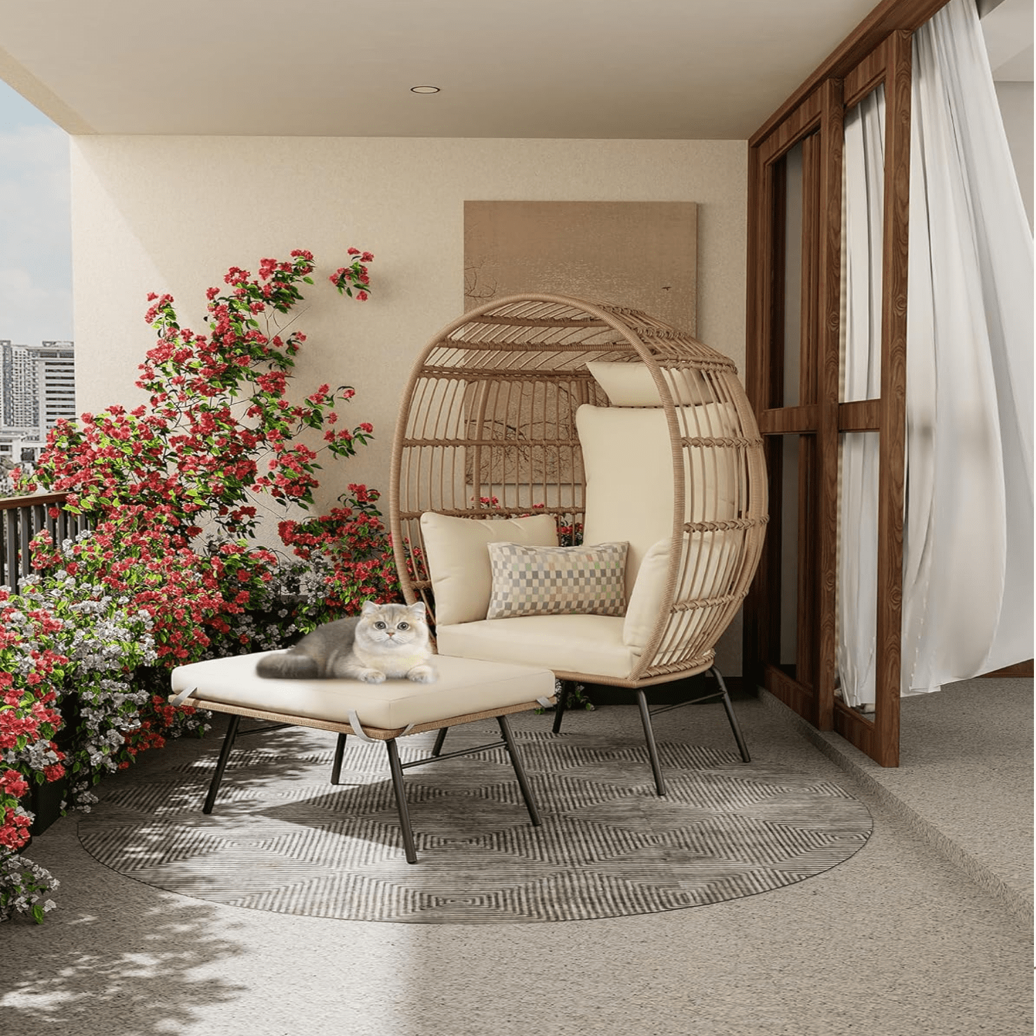 Wicker Egg Chair with Ottoman,Outdoor Indoor Large Egg Basket Lounge Recliner Chair with Thick Cushion for Patio Porch Backyard