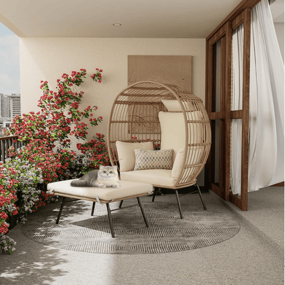 Wicker Egg Chair with Ottoman,Outdoor Indoor Large Egg Basket Lounge Recliner Chair with Thick Cushion for Patio Porch Backyard