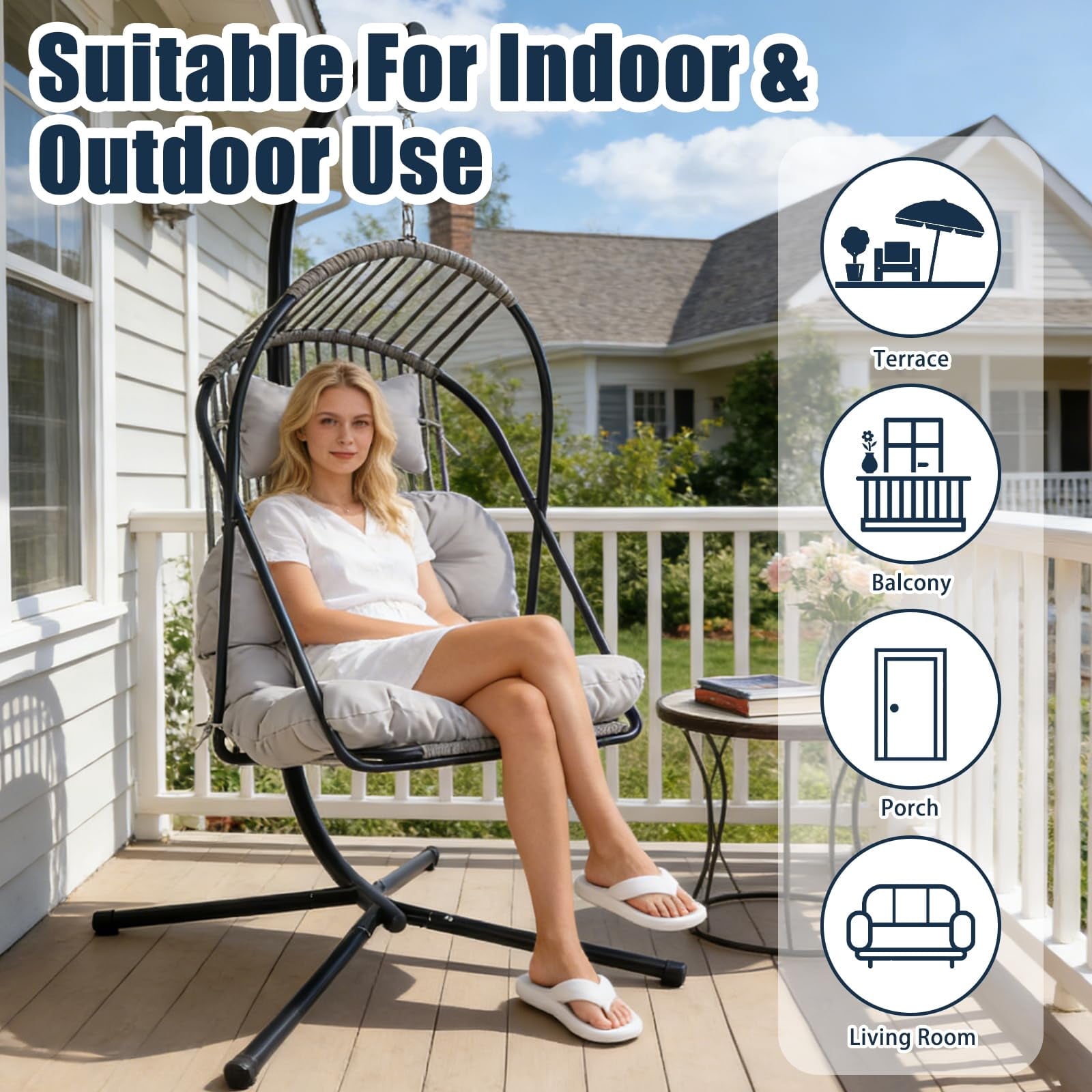 Hanging Egg Chair wth Stand Patio Hammock Swing Chair with Stand Canopy Indoor/Outdoor Collapsible Minimalist, Easy to Store, Max Load Capacity 400lbs, for Garden, Bedroom, Living Room