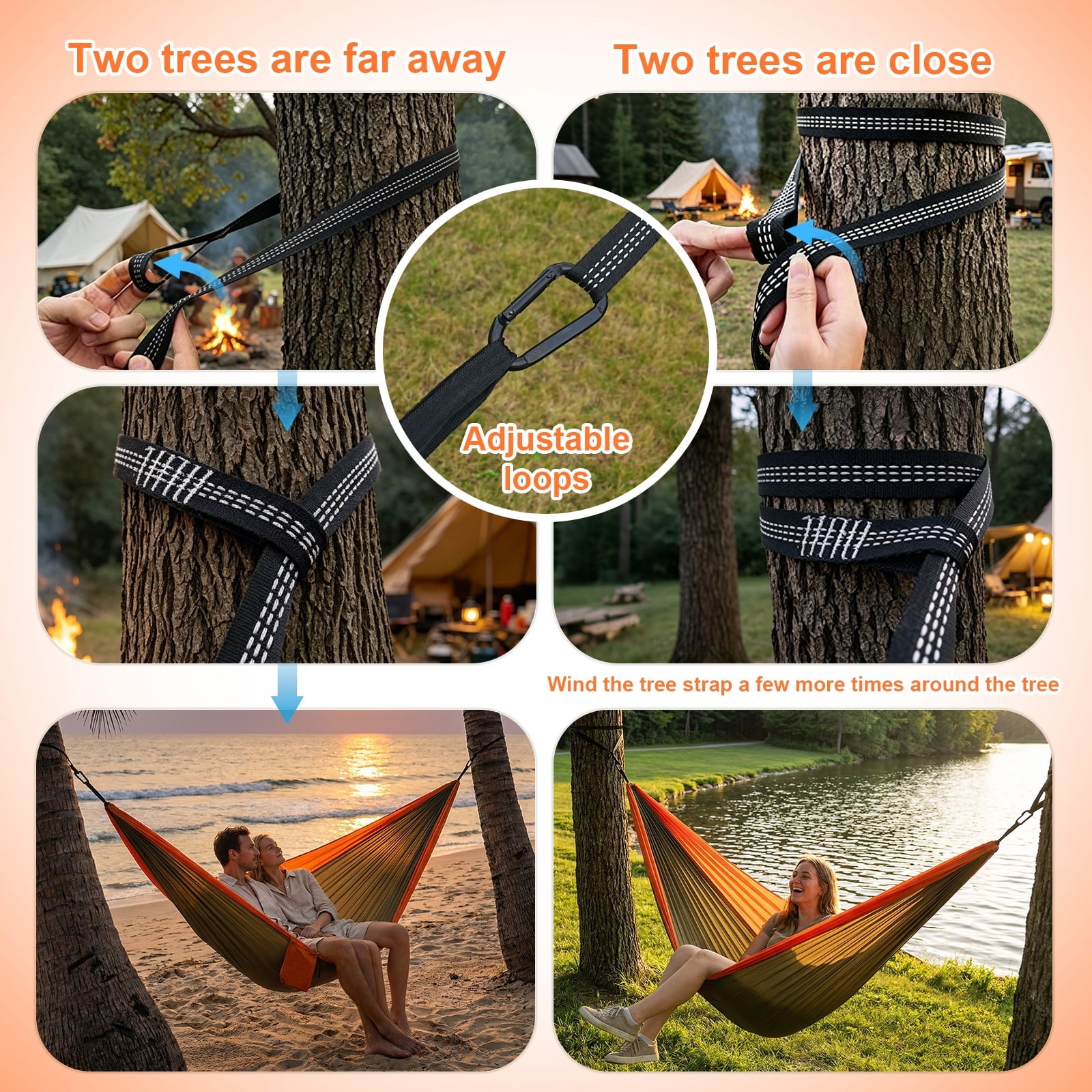NOCOEX Camping Hammock 440lbs with Two 10ft Tree Straps, 2 D-Carabiners & Side Pocket, Parachute Nylon Portable Lightweight Hammock for Travel, Hiking, Backpacking, Beach (Orange)