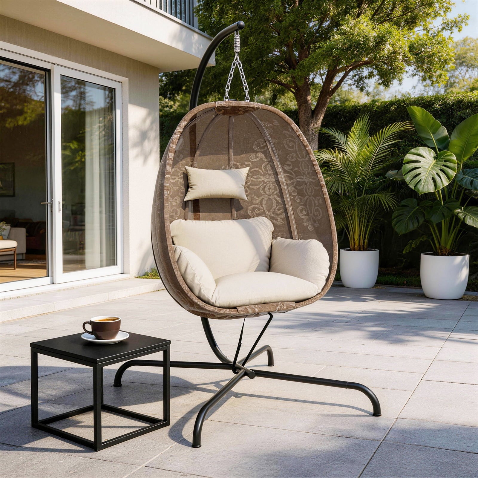ALAULM Foldable Egg Chair with Stand, 485LBS Capacity Textilene Hammock Swing Chair for Outdoor & Indoor, Patio Hanging Chair with Strong Frame & UV Resistant Cushion for Balcony, Bedroom, Cream/D2