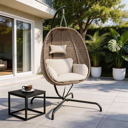 ALAULM Foldable Egg Chair with Stand, 485LBS Capacity Textilene Hammock Swing Chair for Outdoor & Indoor, Patio Hanging Chair with Strong Frame & UV Resistant Cushion for Balcony, Bedroom, Cream/D2