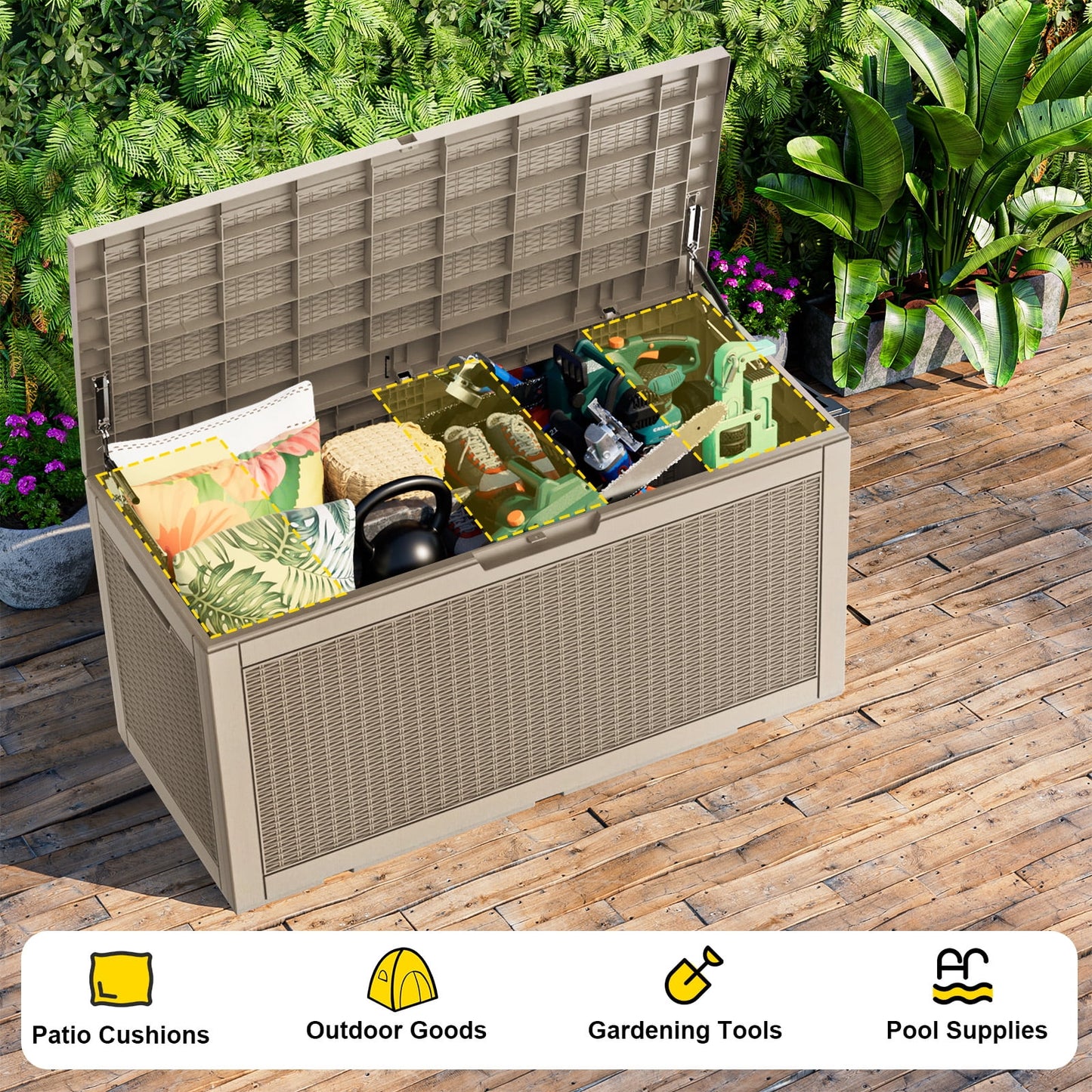 fazzn 100 Gallon Resin Deck Box Outdoor Indoor Waterproof Storage Box for Patio Furniture Pool Accessories Storage for Cushion Garden Tools (Grey pattern)
