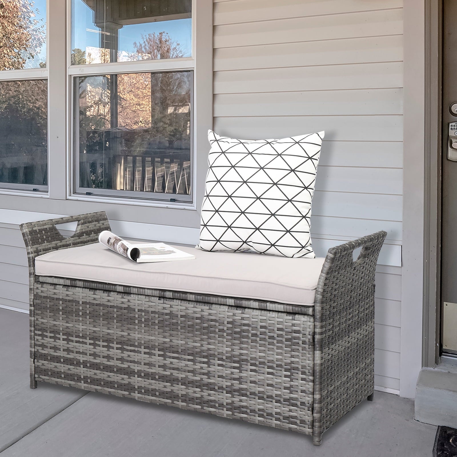 Patio Deck Box, Wicker Outdoor Storage Bench w/Cushion, PE Rattan Patio Storage Furniture with Iron Frame, Cushioned Storage Footstool for Indoor