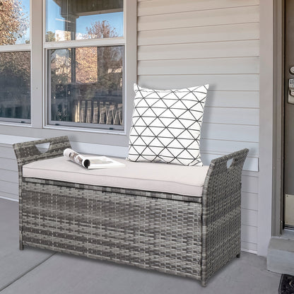 Patio Deck Box, Wicker Outdoor Storage Bench w/Cushion, PE Rattan Patio Storage Furniture with Iron Frame, Cushioned Storage Footstool for Indoor