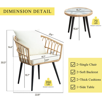 3 Piece Patio Bistro Set,Outdoor Wicker Apartment Balcony Furniture Sets, Rattan Table and Chairs Set of 2 for Porch Backyard Lawn Poolside Deck, Beige