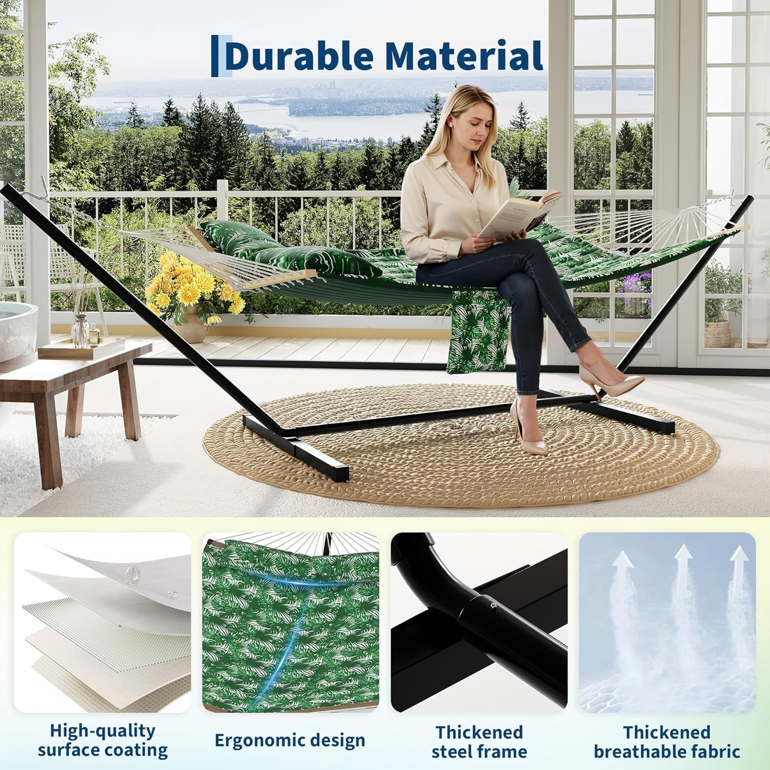 Garvee Double Hammock with Stand, Heavy Duty with Balance Rope, Green