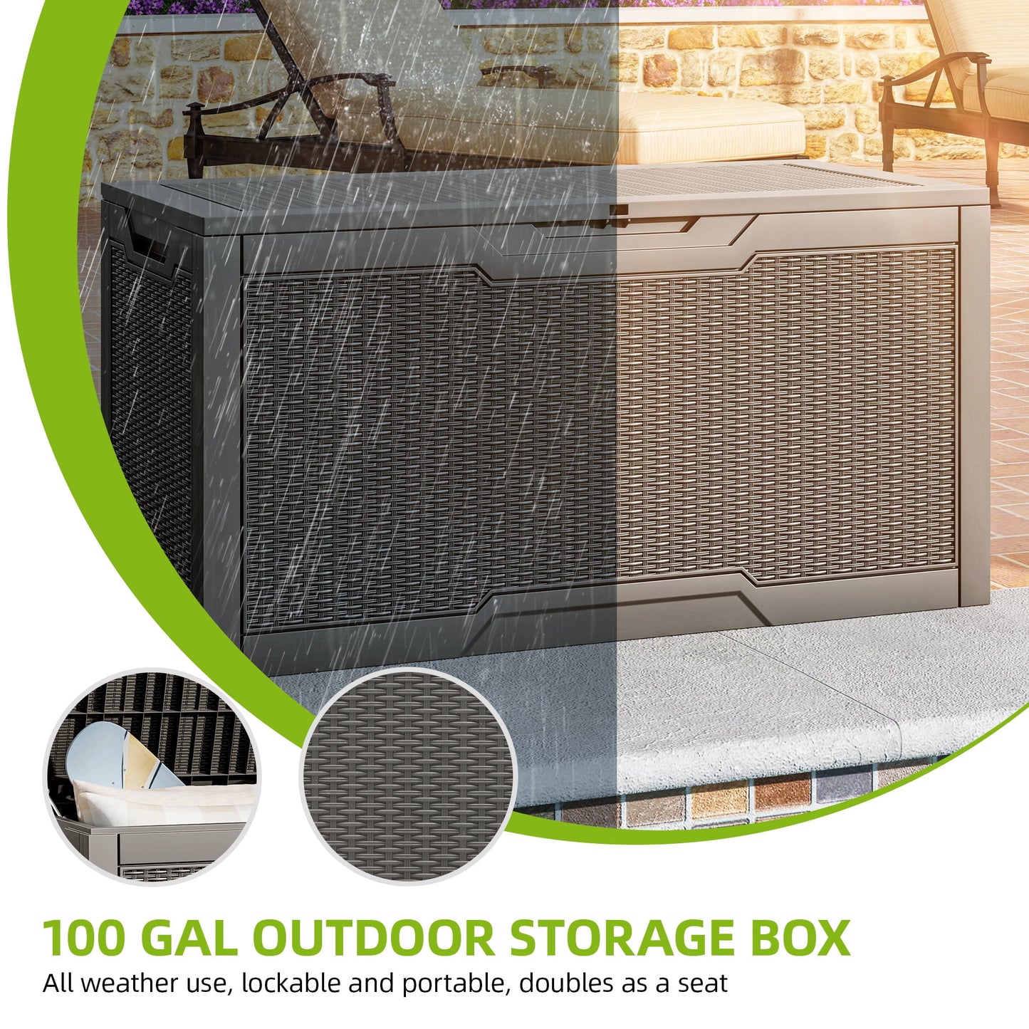 Uforic Lockable 100 Gallon Resin Deck Box, Heavy-Duty Weather Resistant Outdoor Storage Chest, Versatile Storage Solution for Patio Accessories and Daily Essentials, Light Brown