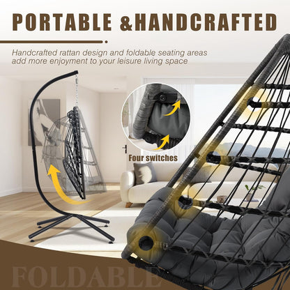 Egg Chair with Stand, Outdoor Hanging Swing Chairs, Indoor Hammock Egg Chair with Removable Cushion and Pillows, Patio Wicker Porch Swings 300LBS Capacity for Garden, Lawn (Grey, Single)